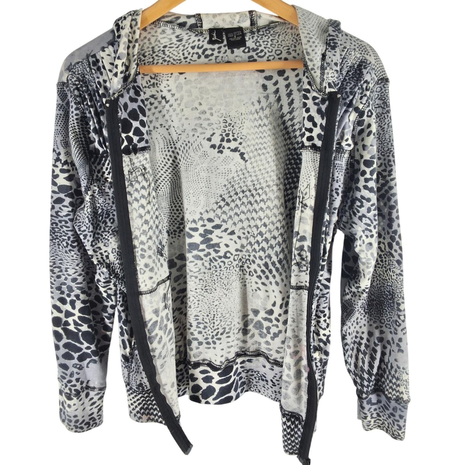 Yashi Womens Mixed Animal Print Zip Up Hoodie Grey Leopard Rhinestone Small - View 6