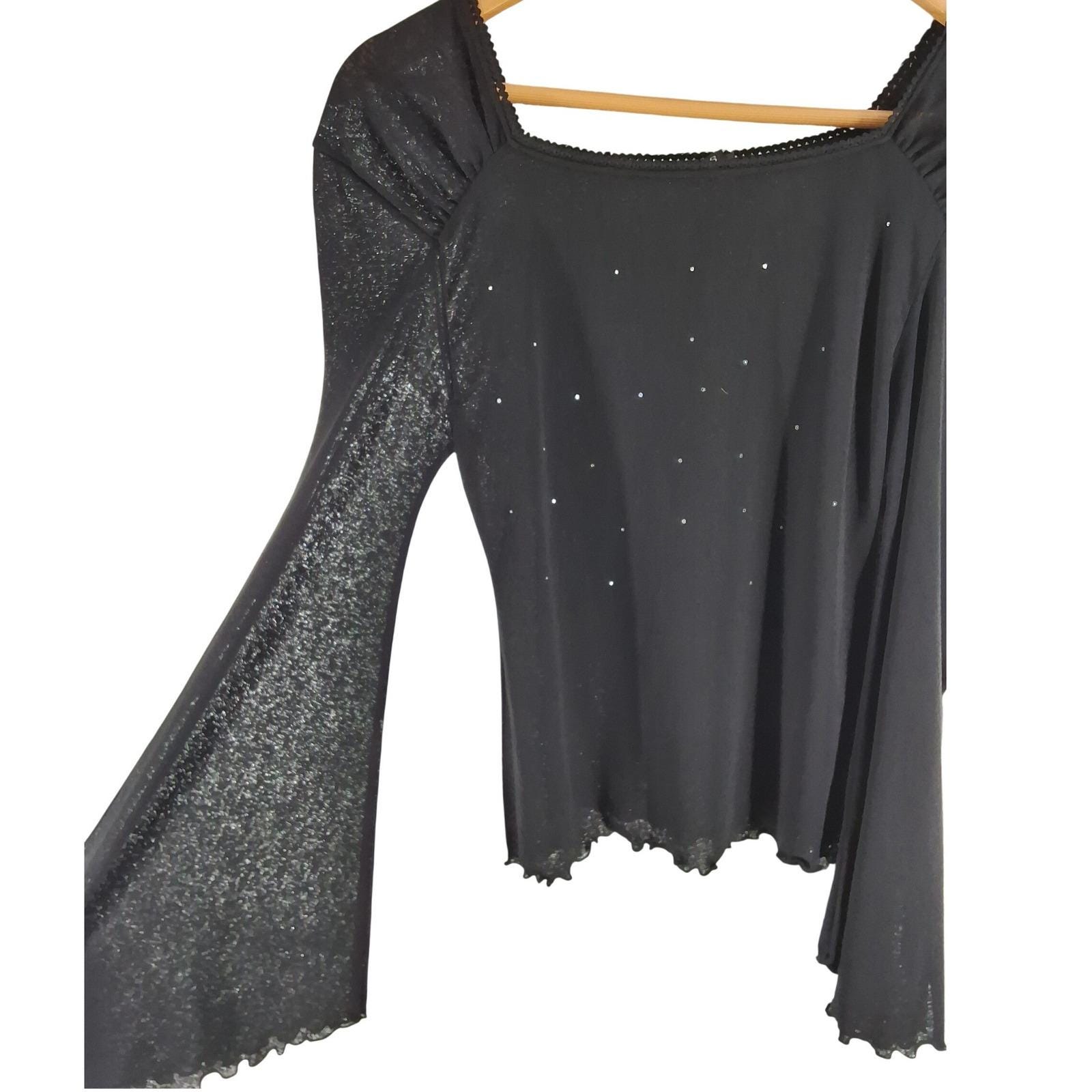 Vintage Y2K Black Rhinestone Top Sheer Glitter Flare Slit Sleeve Lace Trim Small