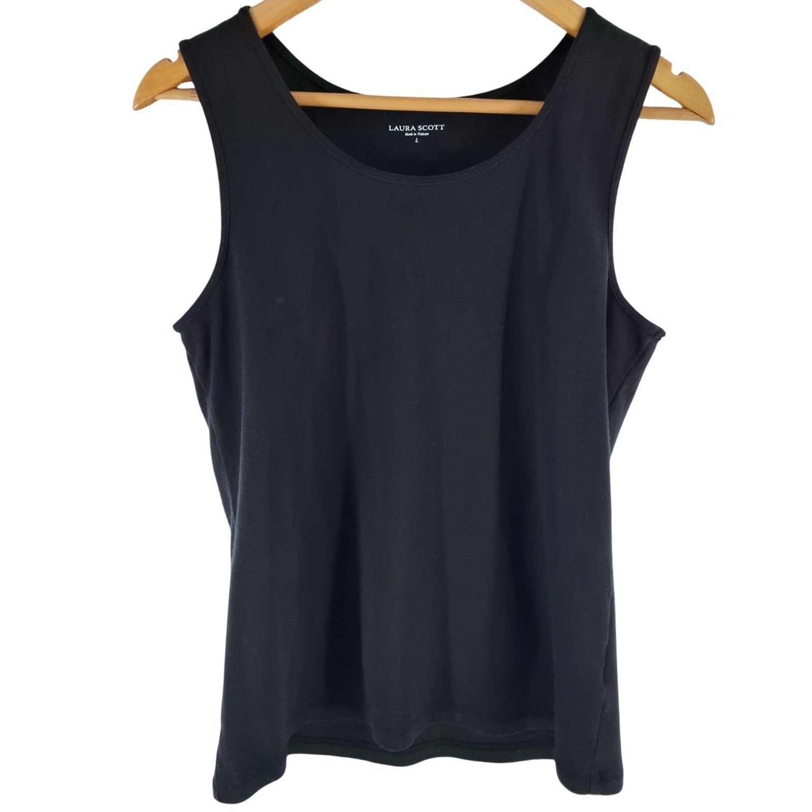 Laura Scott Womens Black Cotton Scoop Neck Tank Top Sleeveless Basic Size L