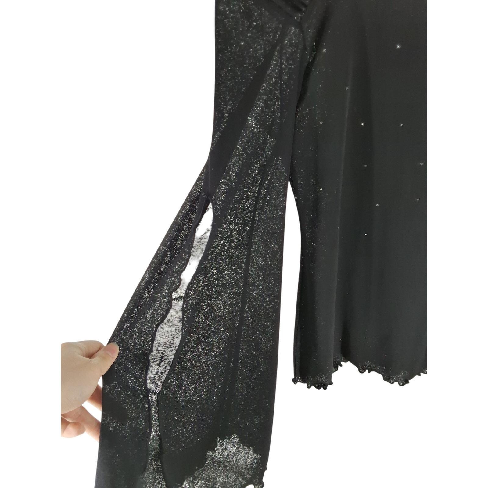 Vintage Y2K Black Rhinestone Top Sheer Glitter Flare Slit Sleeve Lace Trim Small - View 3