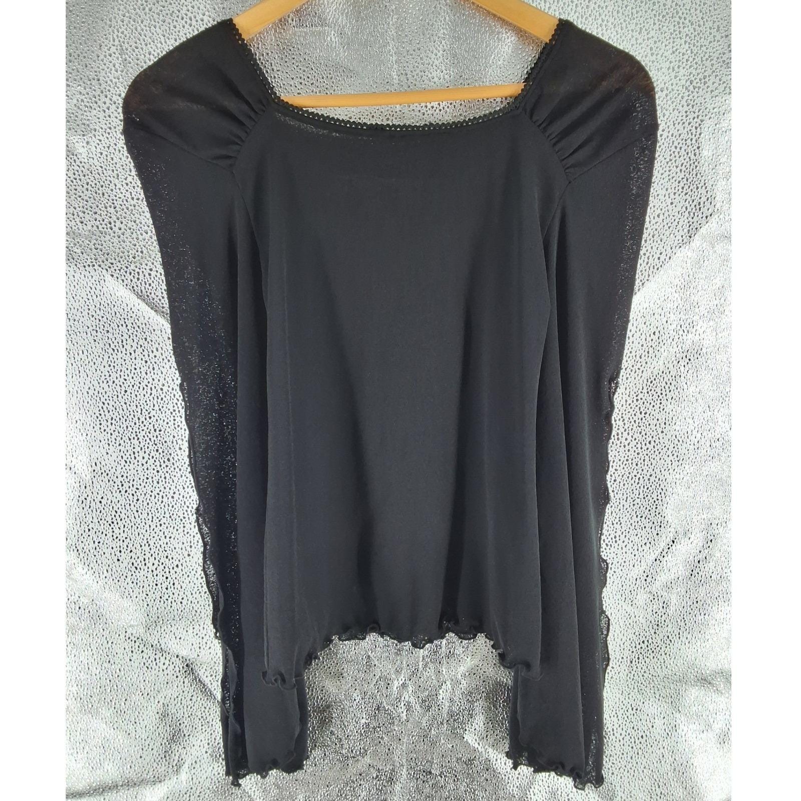 Vintage Y2K Black Rhinestone Top Sheer Glitter Flare Slit Sleeve Lace Trim Small - View 5