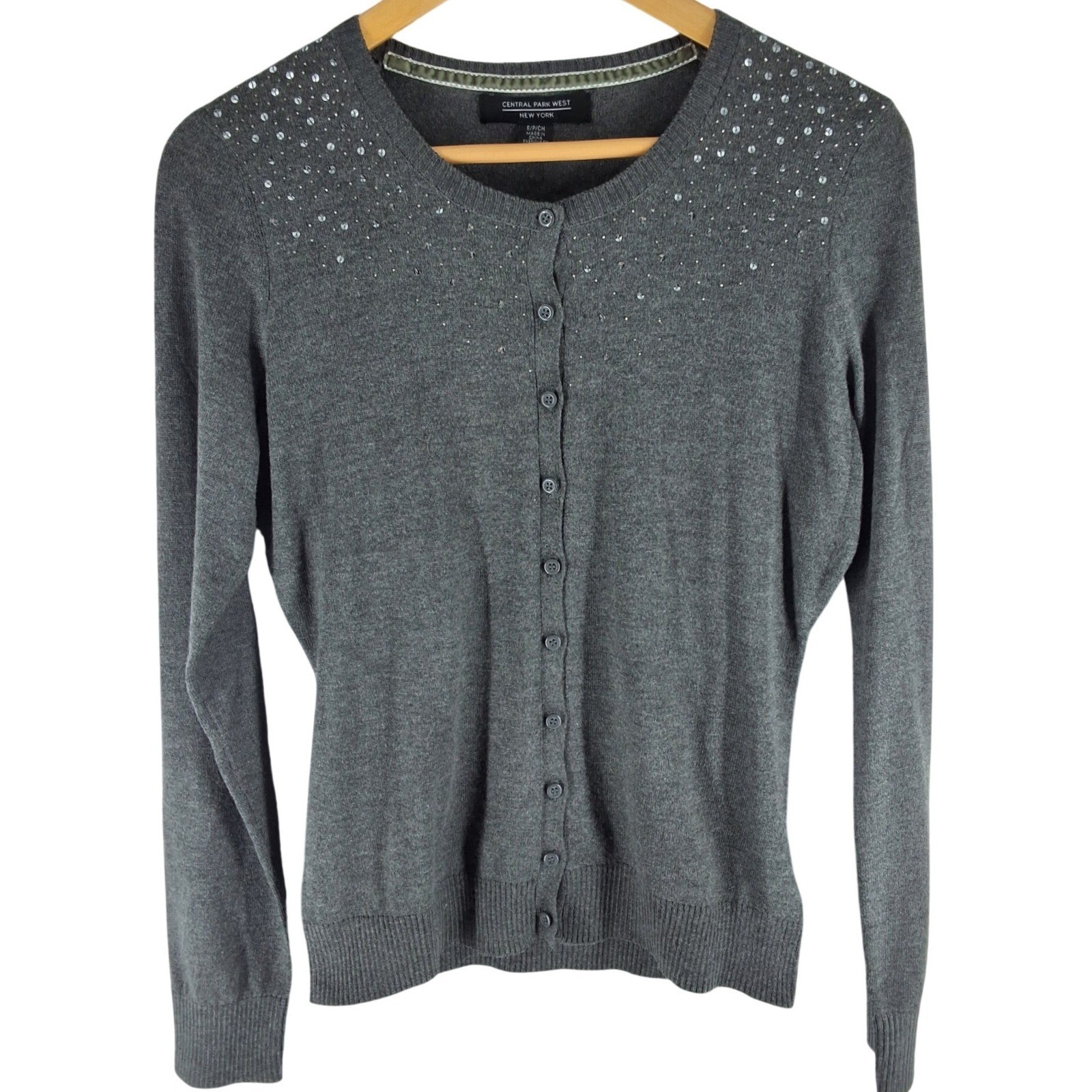 Central Park West Grey Rhinestone Embellished Cardigan Sweater Small