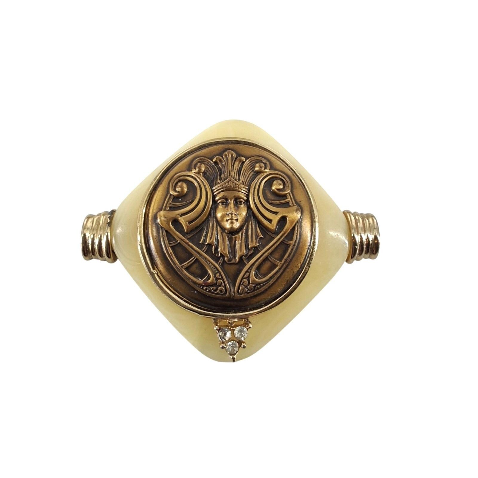 Vintage Art Nouveau Goddess Medallion Brooch Cream Resin Gold Pin 2.5"