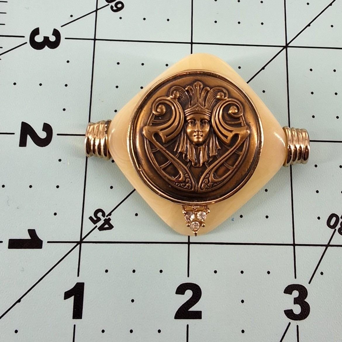 Vintage Art Nouveau Goddess Medallion Brooch Cream Resin Gold Pin 2.5"