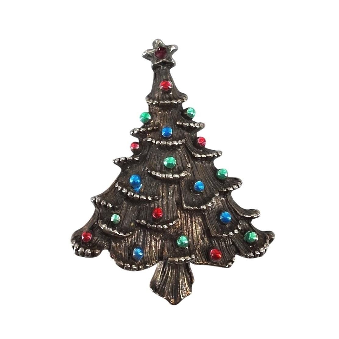Vintage Christmas Tree Brooch Silver Tone Multicolor Rhinestone Holiday Pin 2"