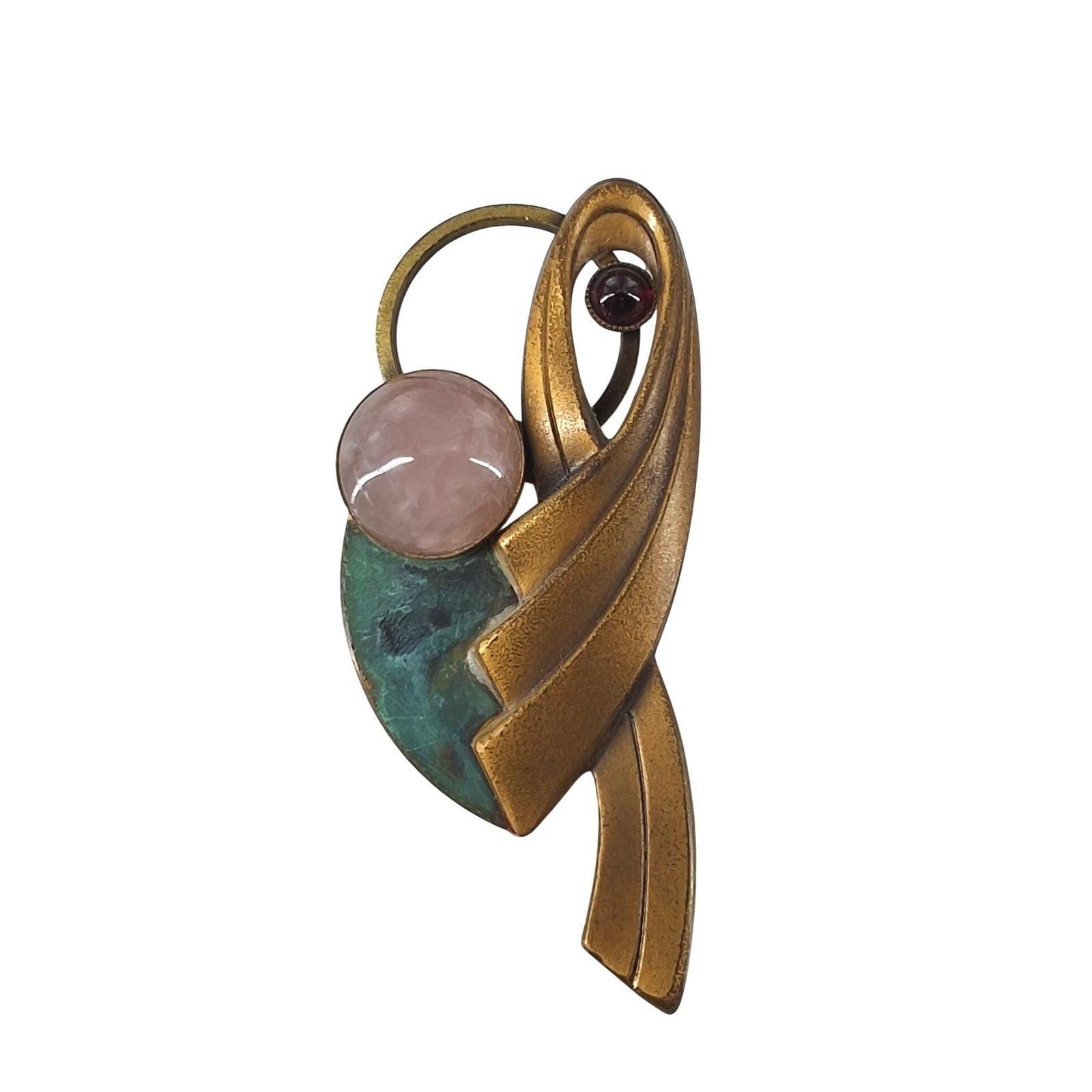 Vintage Modernist Artisan Brass Brooch Rose Quartz Garnet Verdigris Studio Pin
