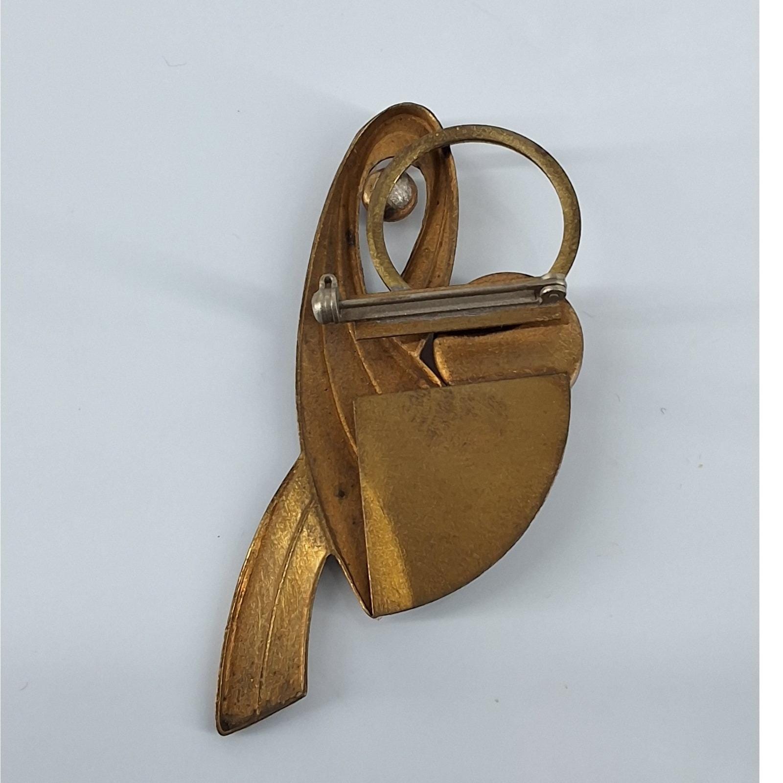 Vintage Modernist Artisan Brass Brooch Rose Quartz Garnet Verdigris Studio Pin - View 3