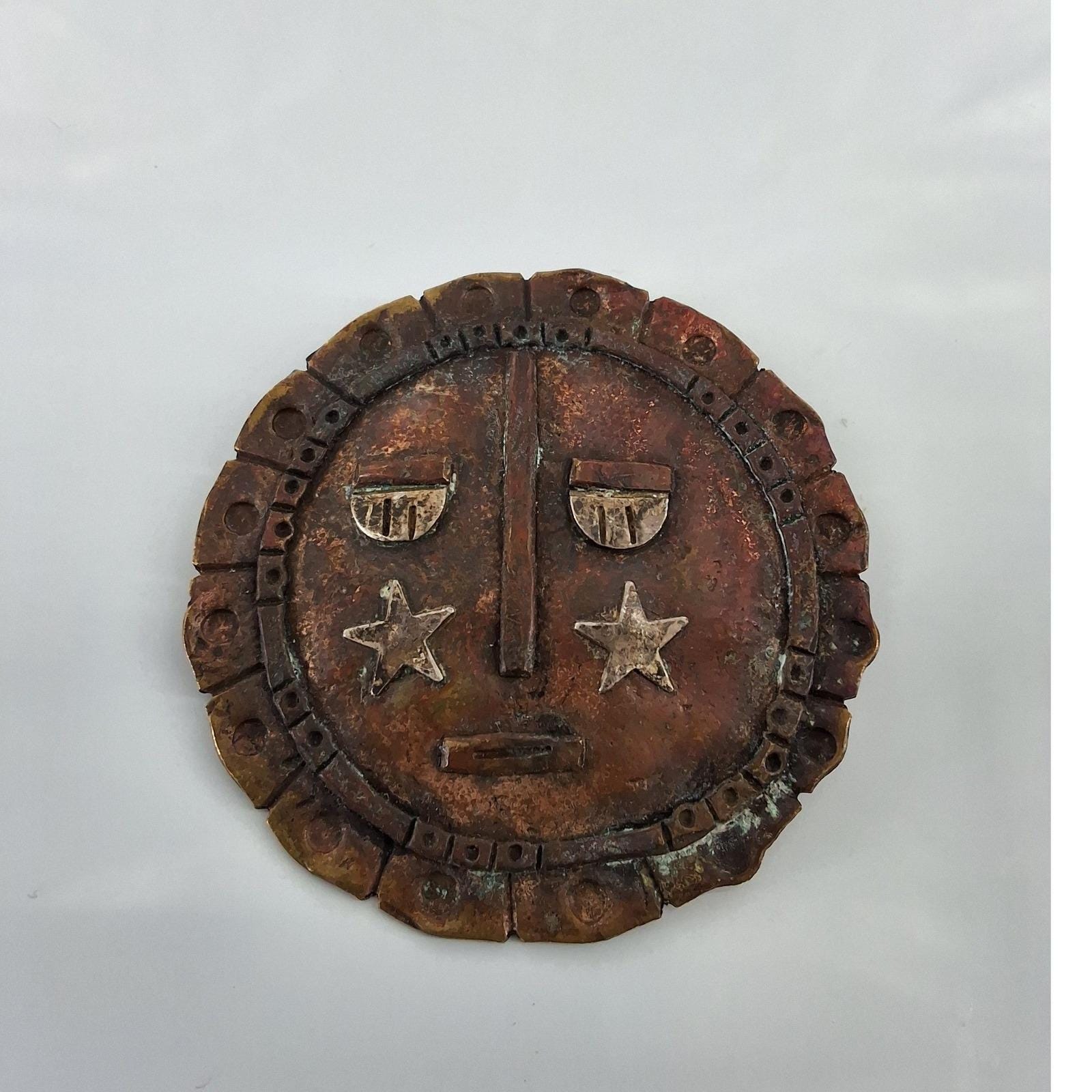 Vintage 1993 Koons Signed Artisan Copper Celestial Sun Face Brooch Pin Star Eyes