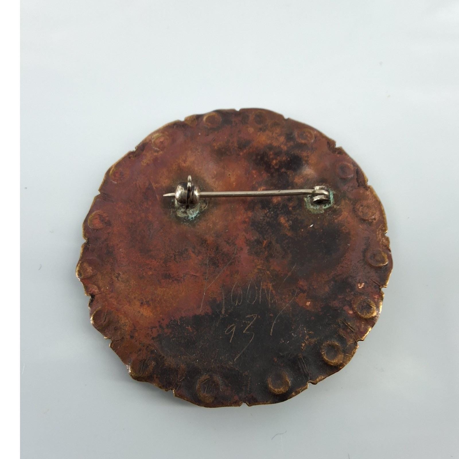 Vintage 1993 Koons Signed Artisan Copper Celestial Sun Face Brooch Pin Star Eyes