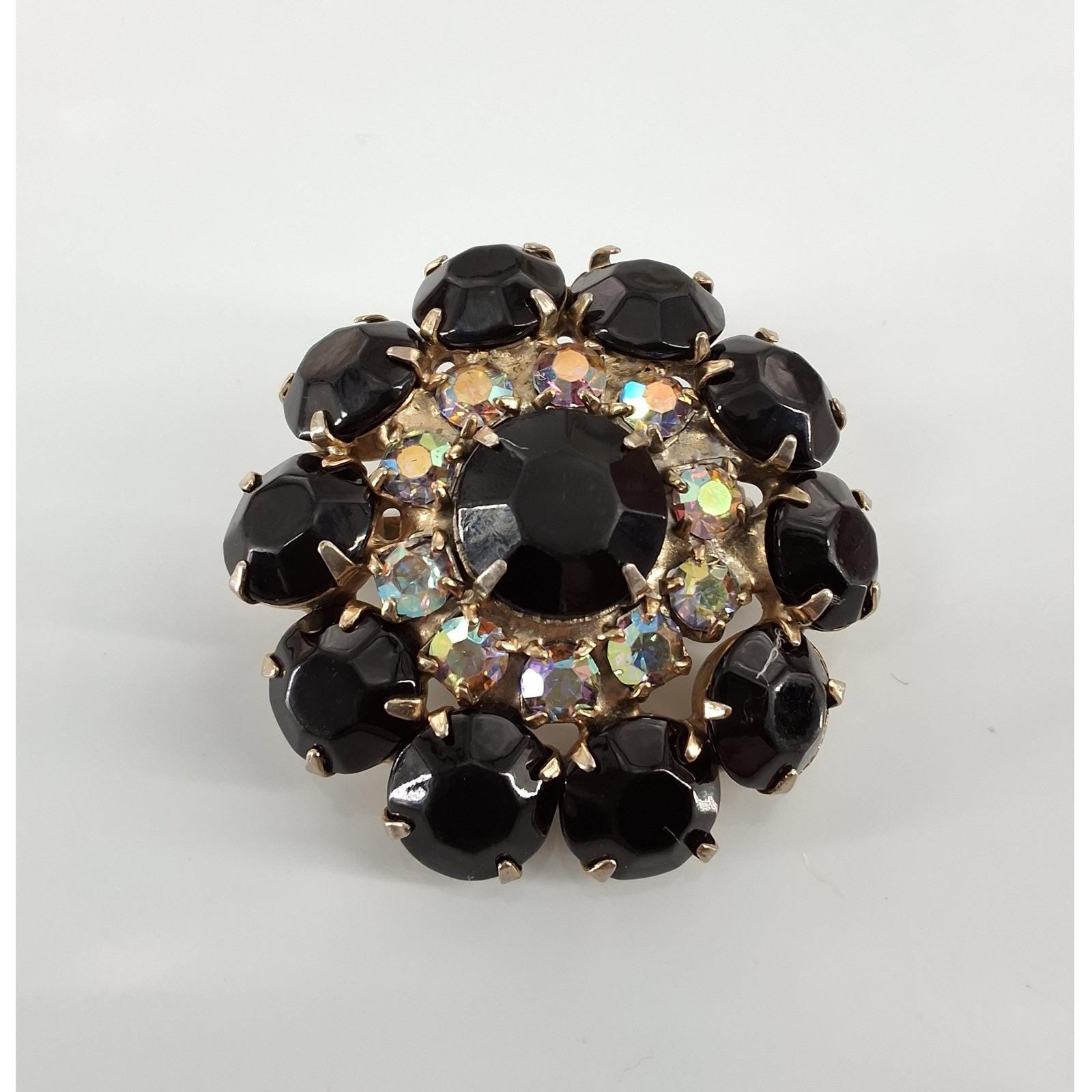 Vintage 1960s Black Rhinestone & Aurora Borealis Sunburst Tiered Brooch Pin