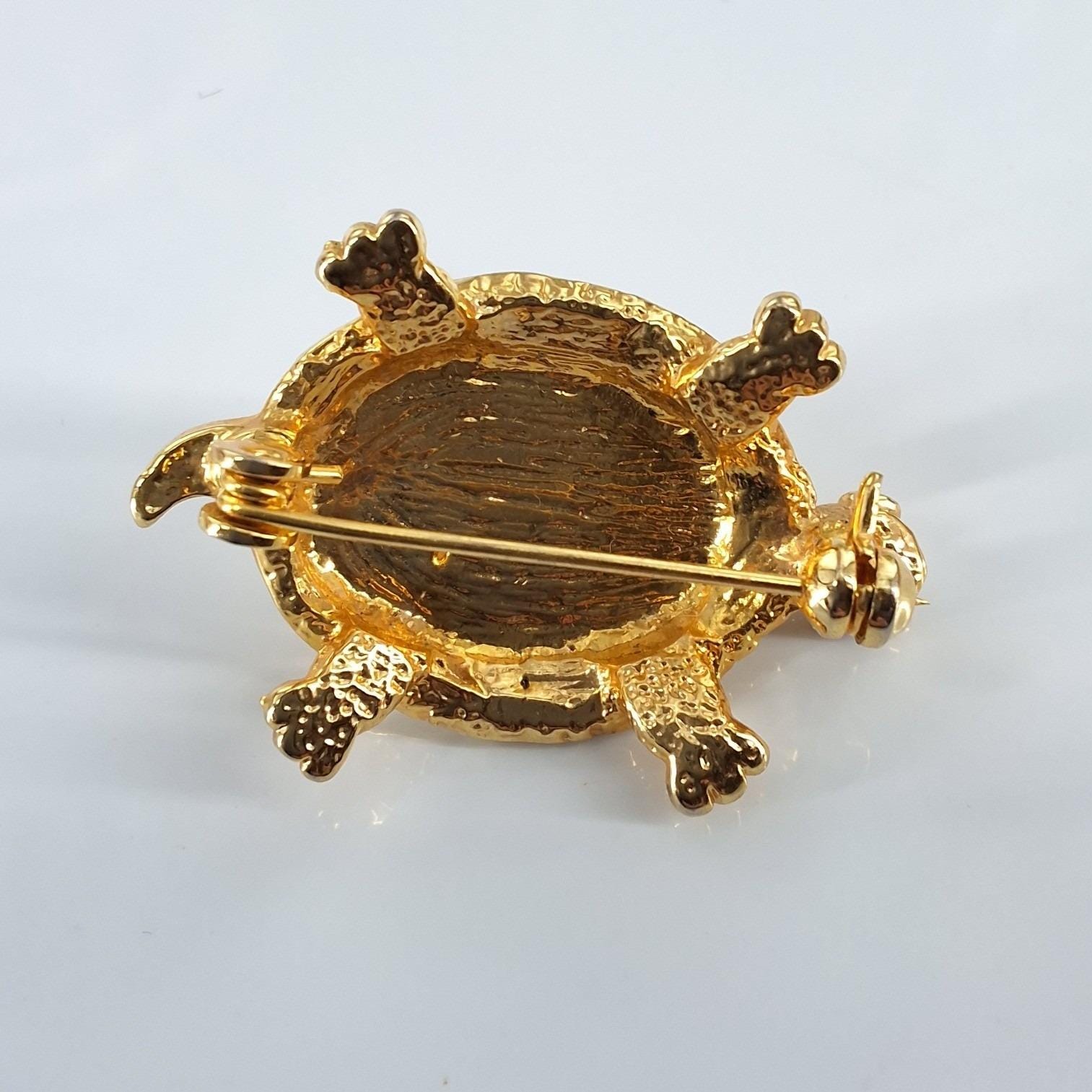 Vintage Gold Tone Turtle Brooch Faux Pearl Rhinestone Shell Red Eyes Pin