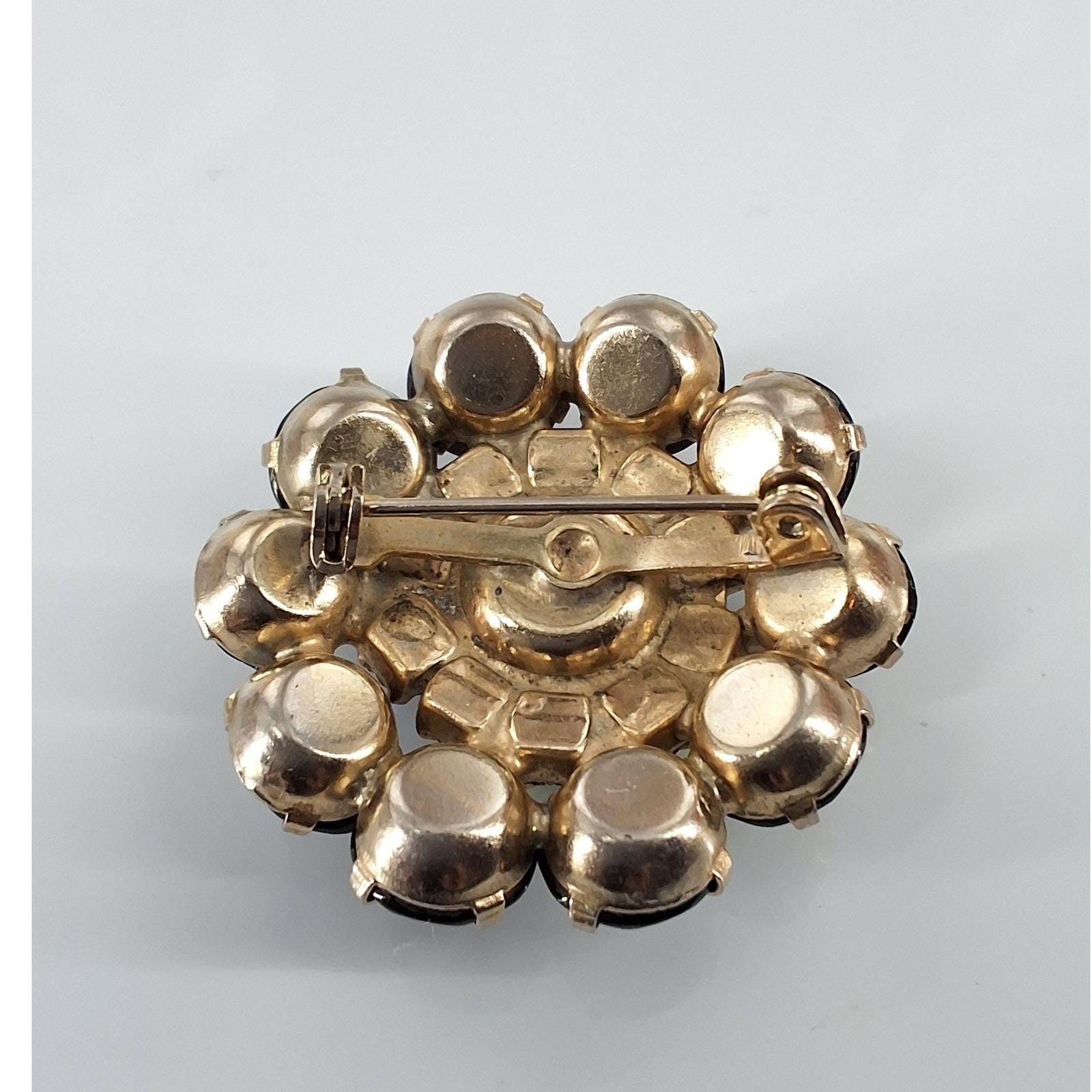 Vintage 1960s Black Rhinestone & Aurora Borealis Sunburst Tiered Brooch Pin - View 3