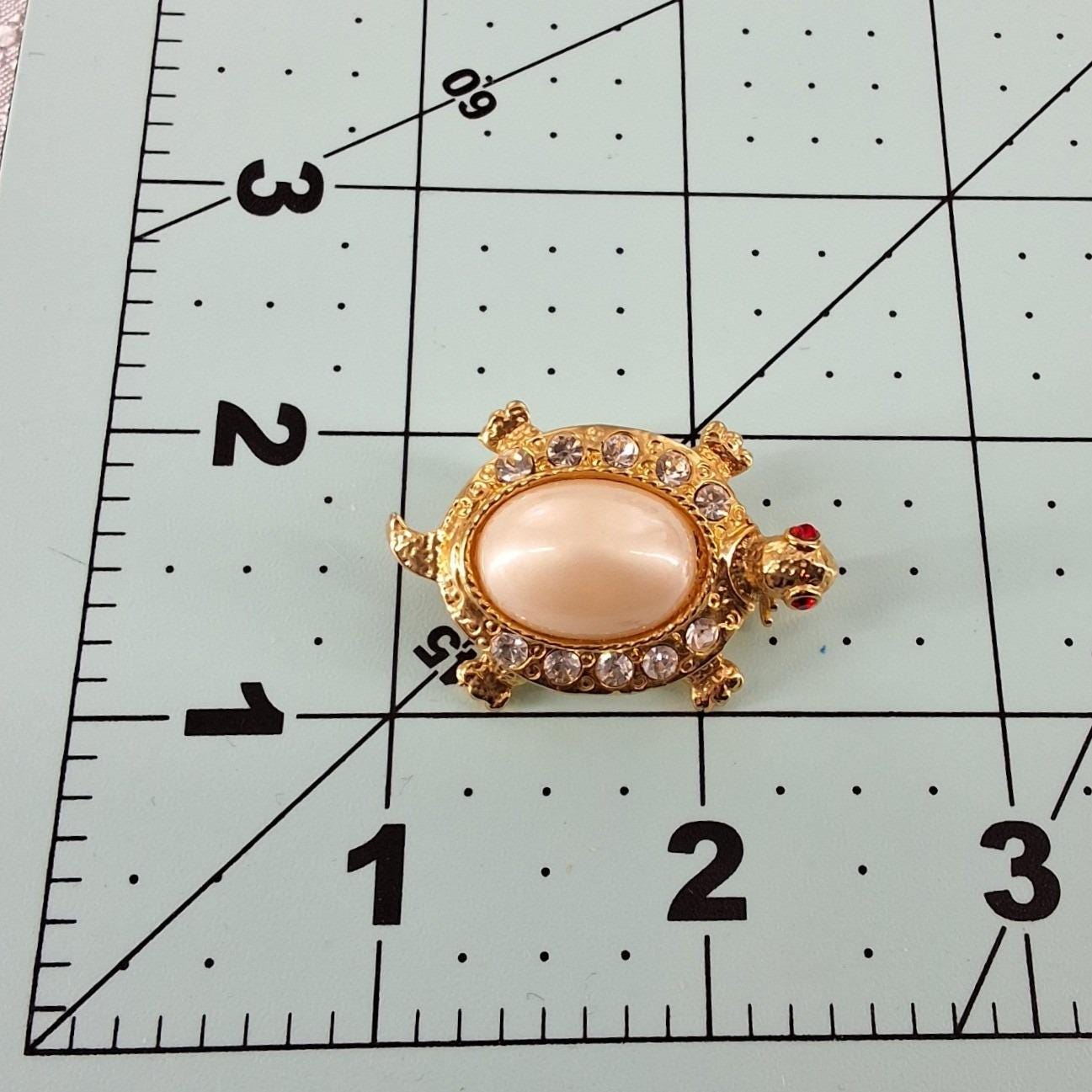 Vintage Gold Tone Turtle Brooch Faux Pearl Rhinestone Shell Red Eyes Pin - View 3