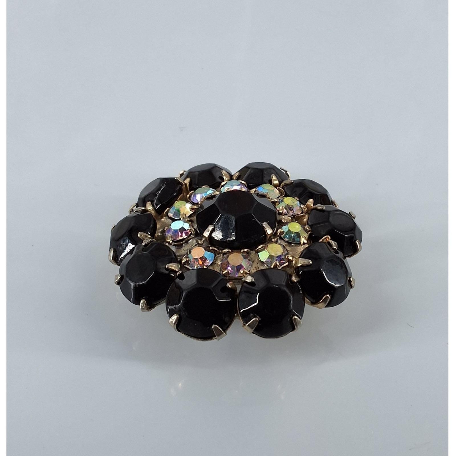 Vintage 1960s Black Rhinestone & Aurora Borealis Sunburst Tiered Brooch Pin - View 4
