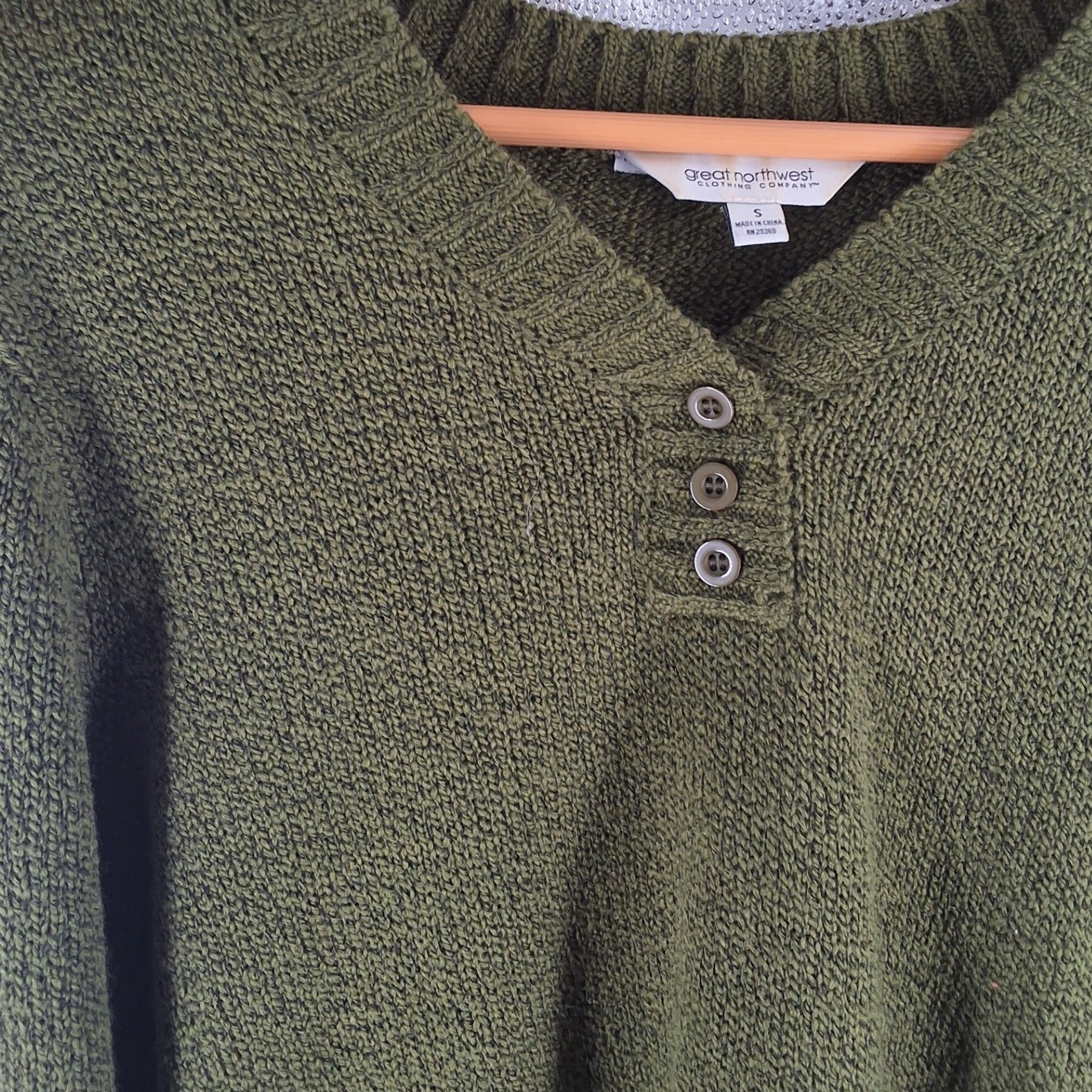 Great Northwest Womens Olive Green Henley Sweater Small Textured Knit Pullover - View 3