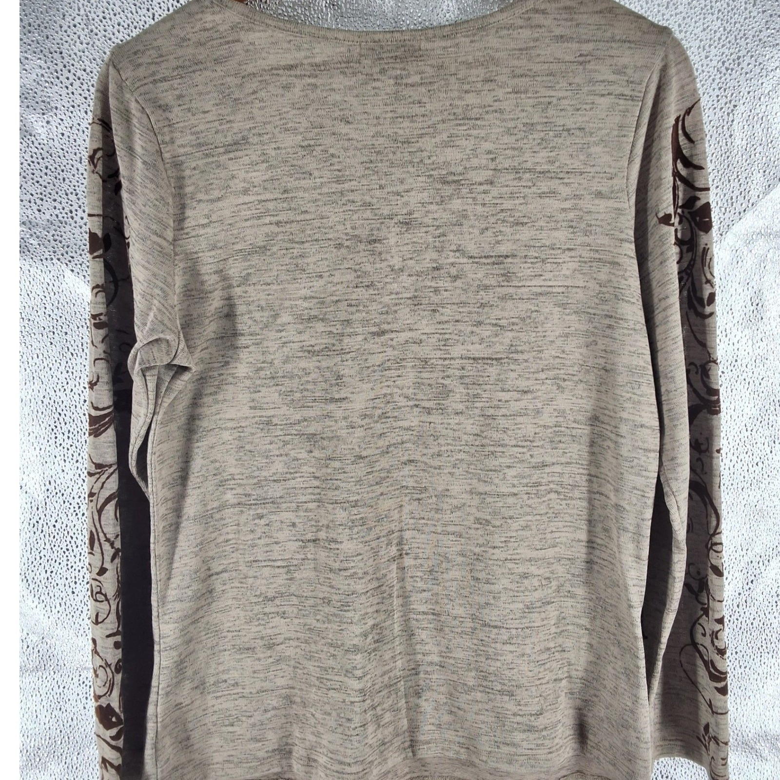 One World Boho Scroll Graphic V-Neck Top Taupe Brown Med 7610C-38983 - View 5