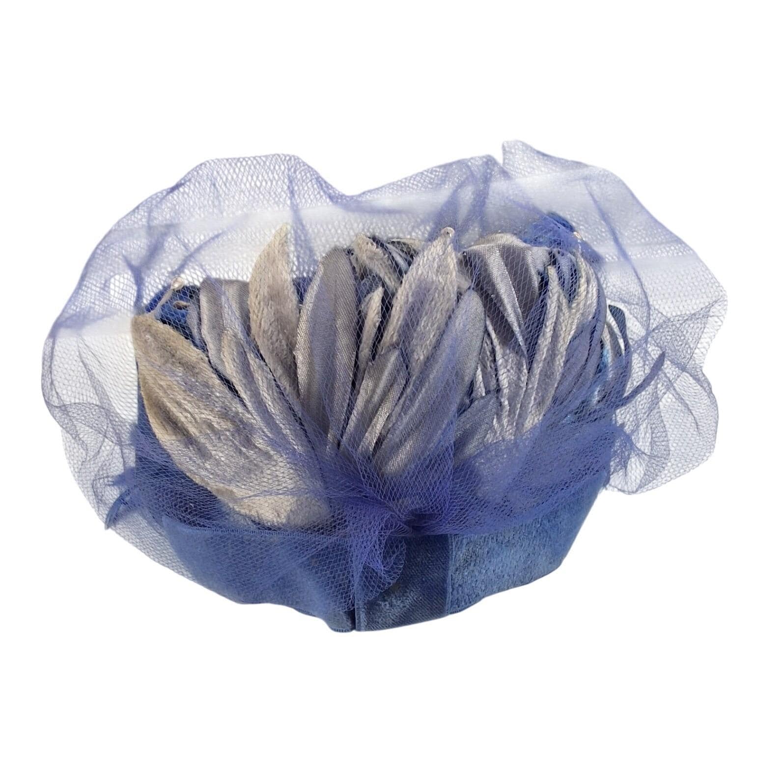 Vintage Royal Blue Feather Fascinator Hat Veiling Silver Petals 1950s Style