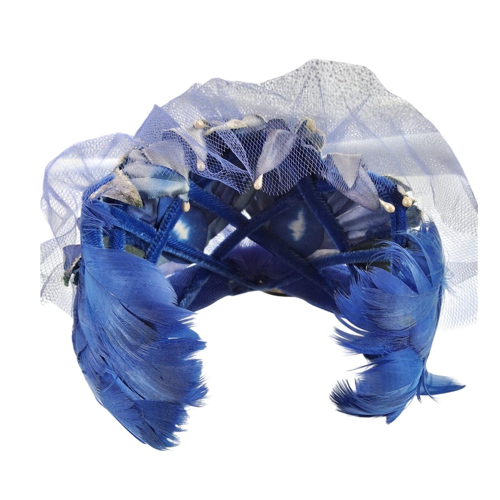 Vintage Royal Blue Feather Fascinator Hat Veiling Silver Petals 1950s Style