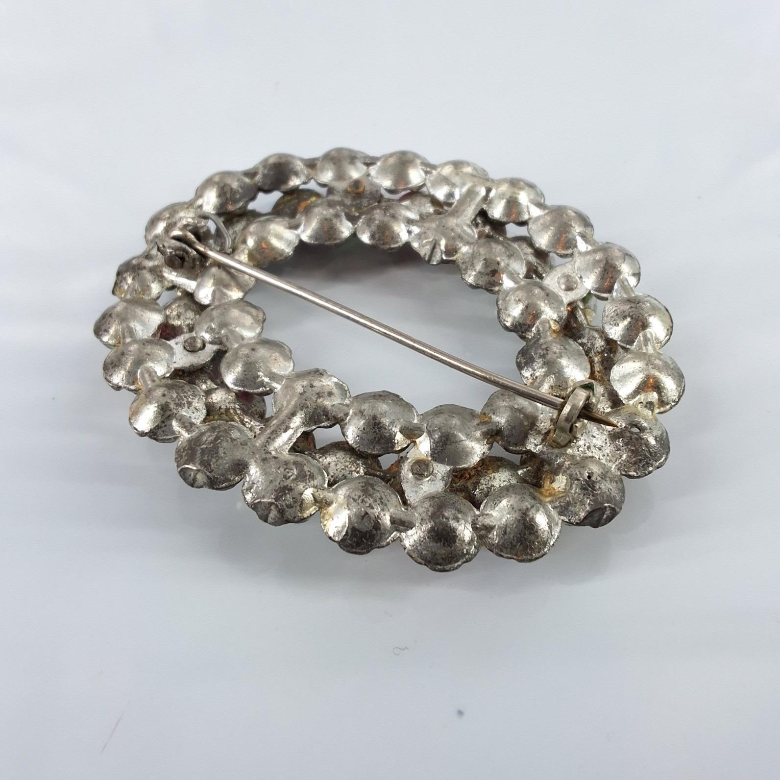 Vintage Multi Color Rhinestone Wreath Brooch Silver Tone Mid Century Pin 2"