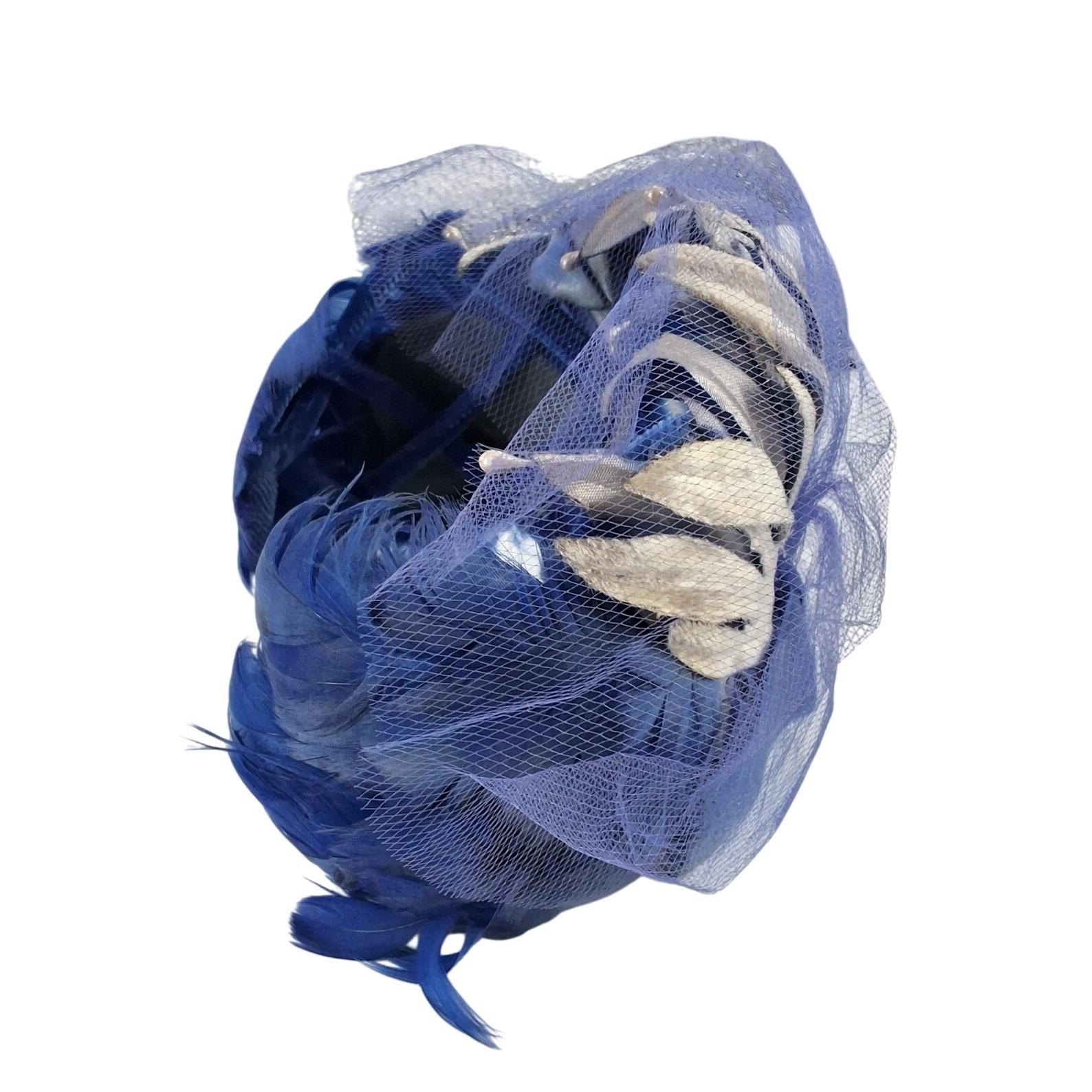 Vintage Royal Blue Feather Fascinator Hat Veiling Silver Petals 1950s Style - View 3