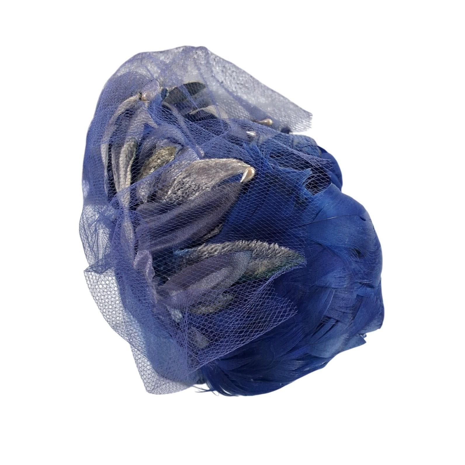 Vintage Royal Blue Feather Fascinator Hat Veiling Silver Petals 1950s Style - View 4