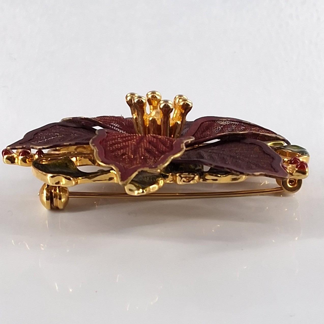 Vintage Kenneth Cole KC Burgundy Mesh Poinsettia Brooch Christmas Holiday Pin
