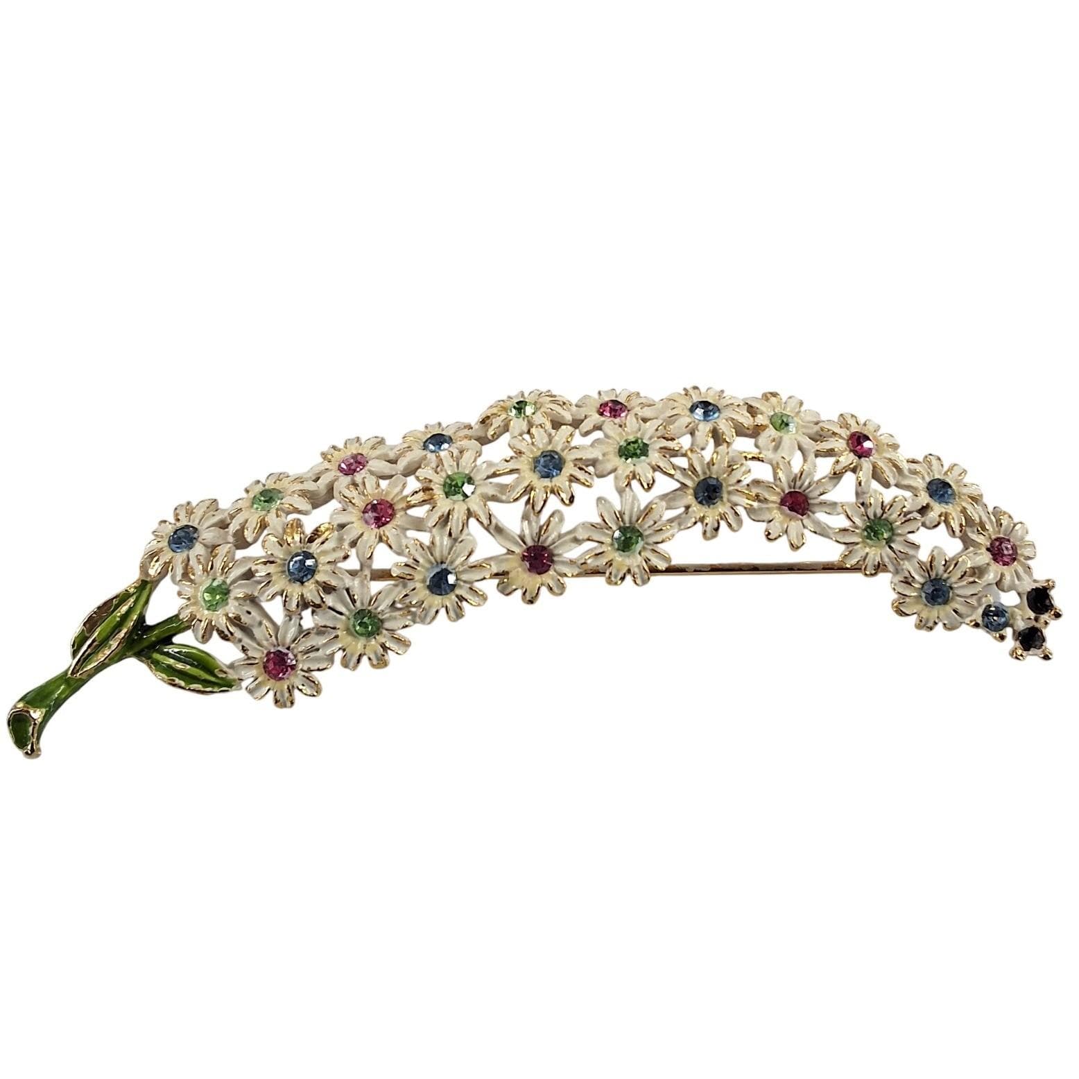Vintage 60s Cream Enamel Daisy Flower Spray Brooch Multicolor Rhinestones Gold
