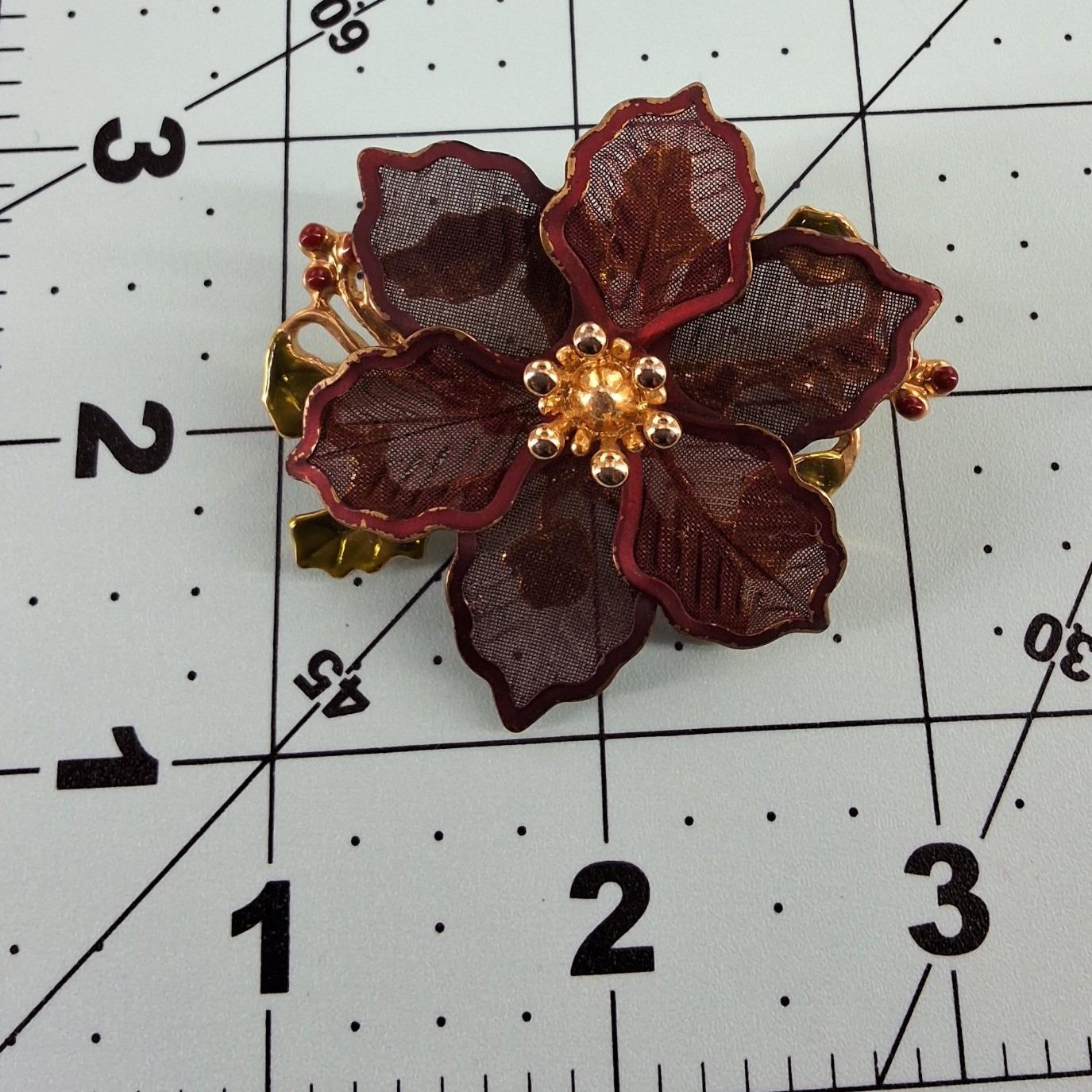 Vintage Kenneth Cole KC Burgundy Mesh Poinsettia Brooch Christmas Holiday Pin - View 5