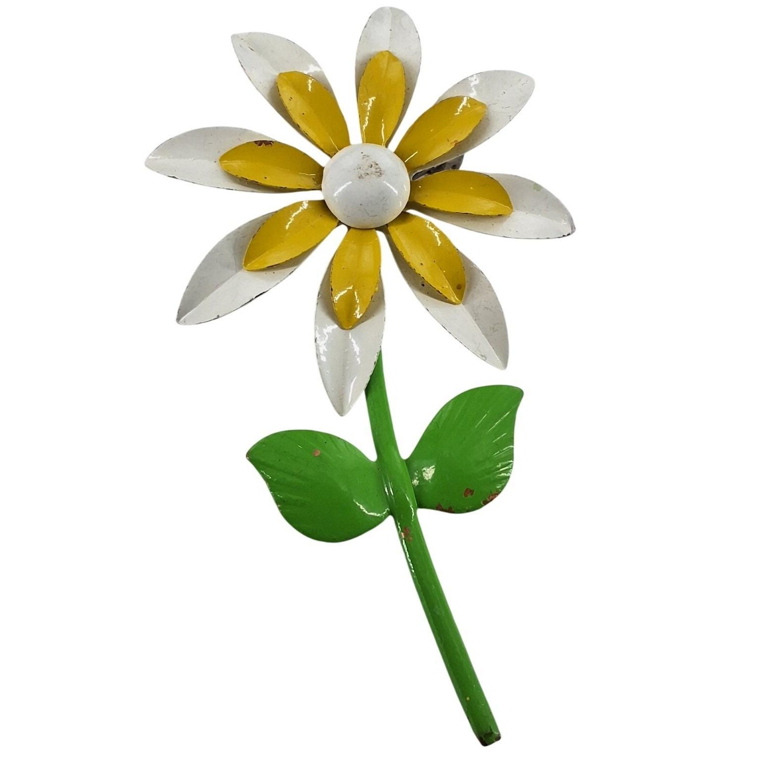 Vintage 60s Mod Enamel Daisy Brooch White Yellow Flower Power Statement Pin 3"
