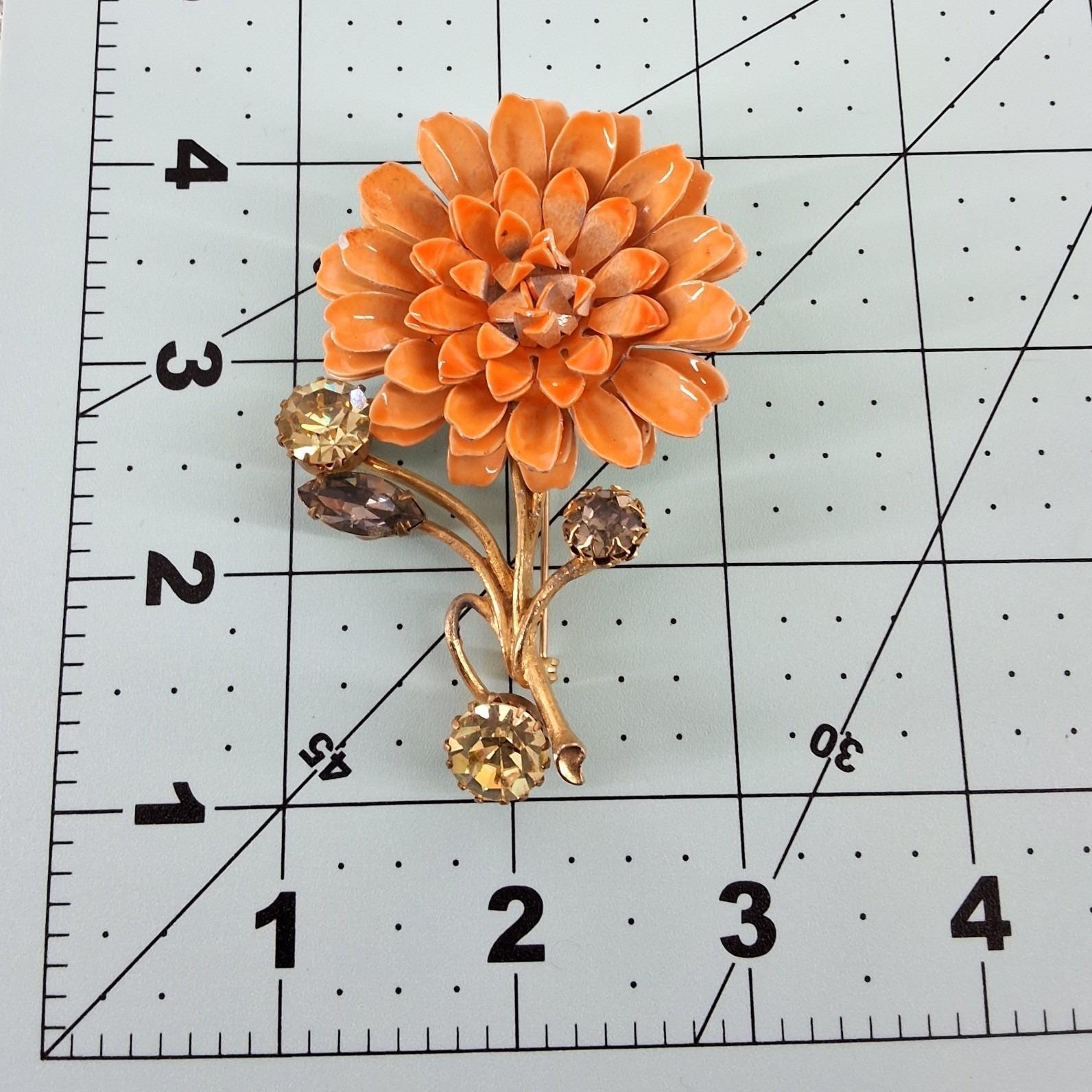 Vintage 1960s Orange Enamel Flower Brooch Large Mod Poppy Rhinestone Gold Tone