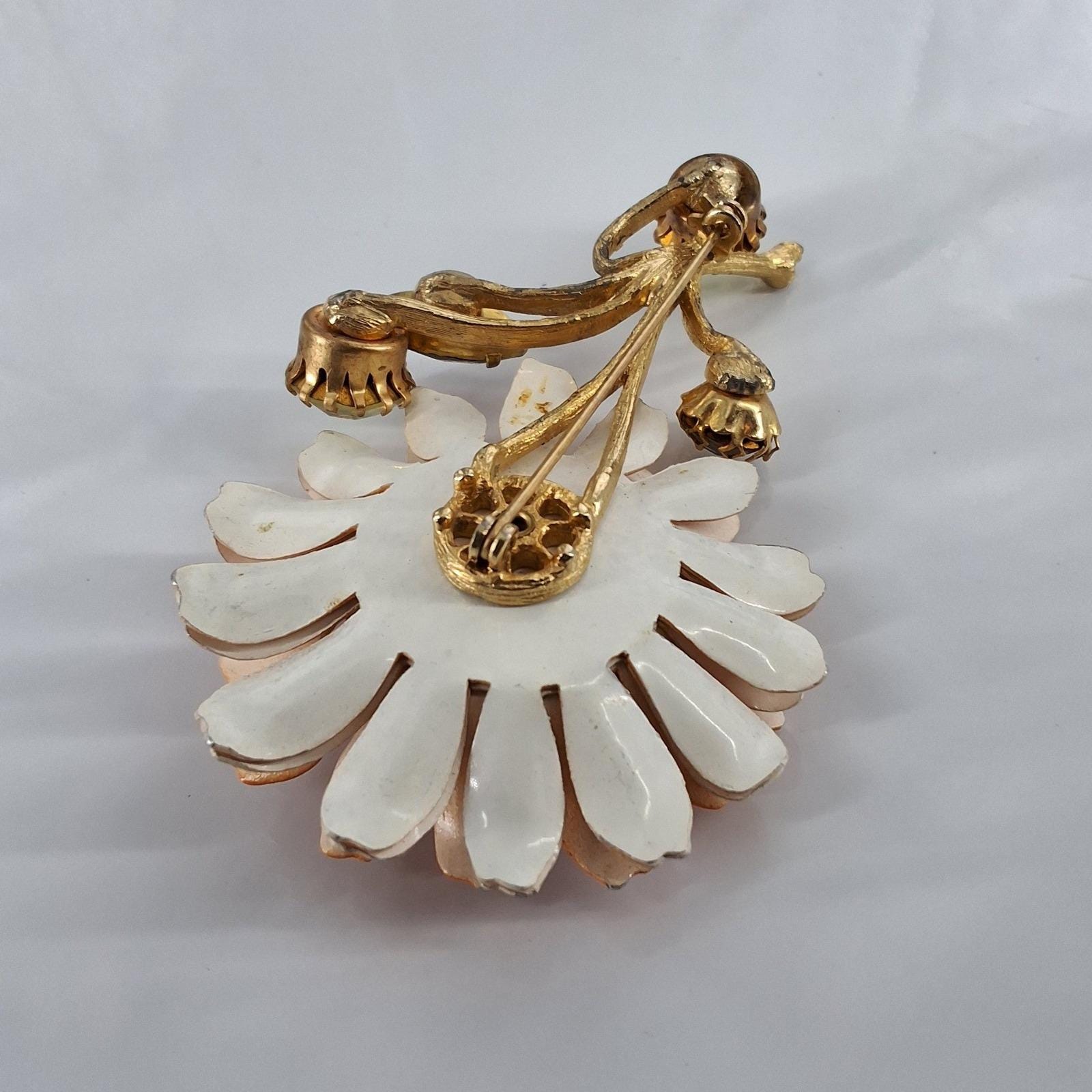 Vintage 1960s Orange Enamel Flower Brooch Large Mod Poppy Rhinestone Gold Tone - View 3