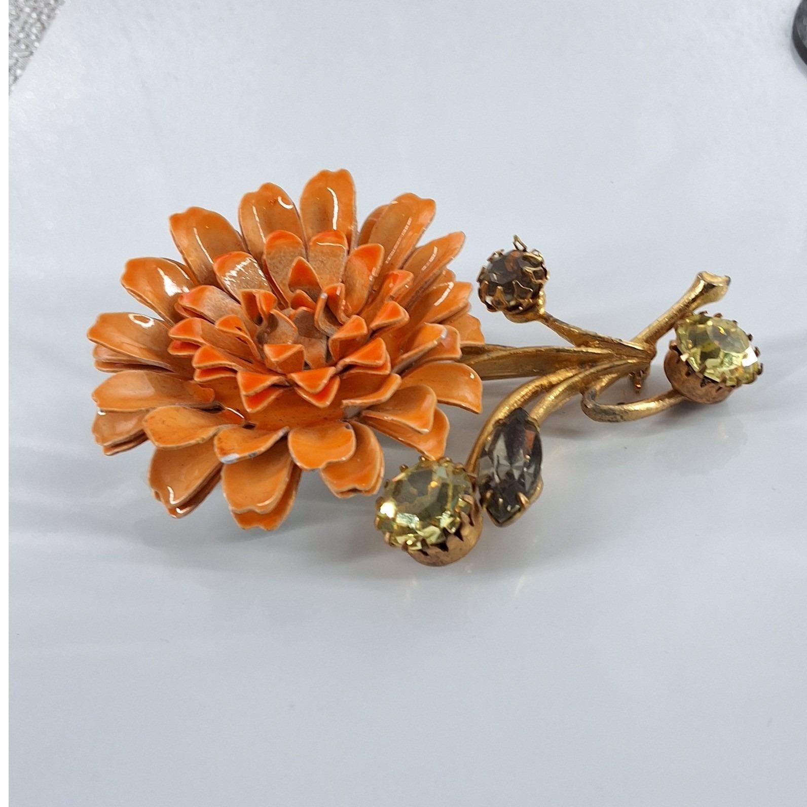 Vintage 1960s Orange Enamel Flower Brooch Large Mod Poppy Rhinestone Gold Tone - View 4