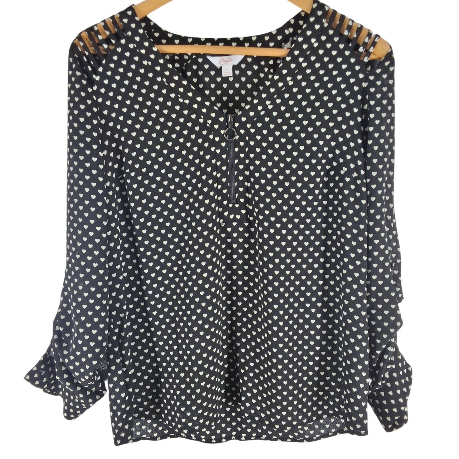 Candie's Heart Print Half Zip Blouse Black White Ladder Cutout Shoulder Large