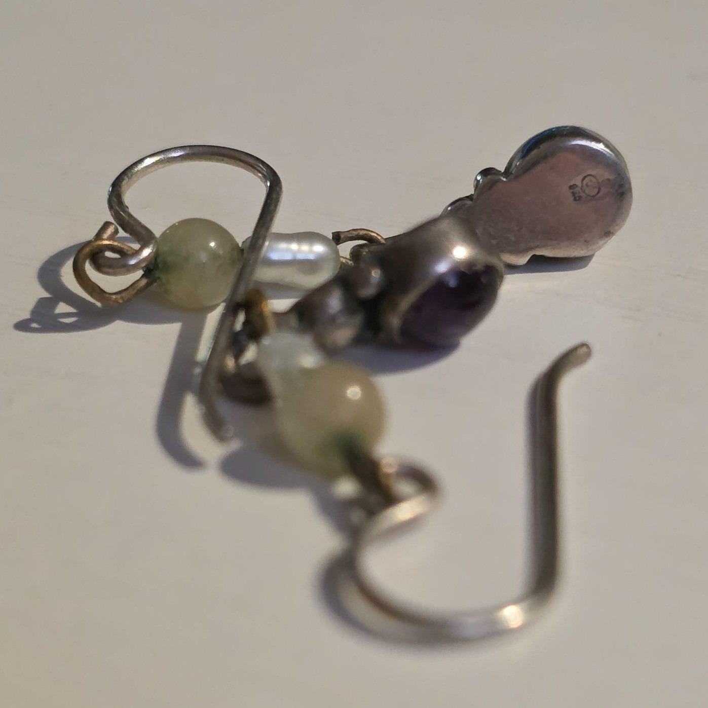 Vintage 925 Sterling Silver Amethyst & Pearl Dangle Earrings