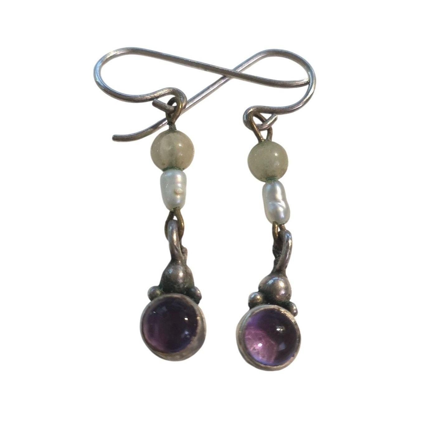 Vintage 925 Sterling Silver Amethyst & Pearl Dangle Earrings