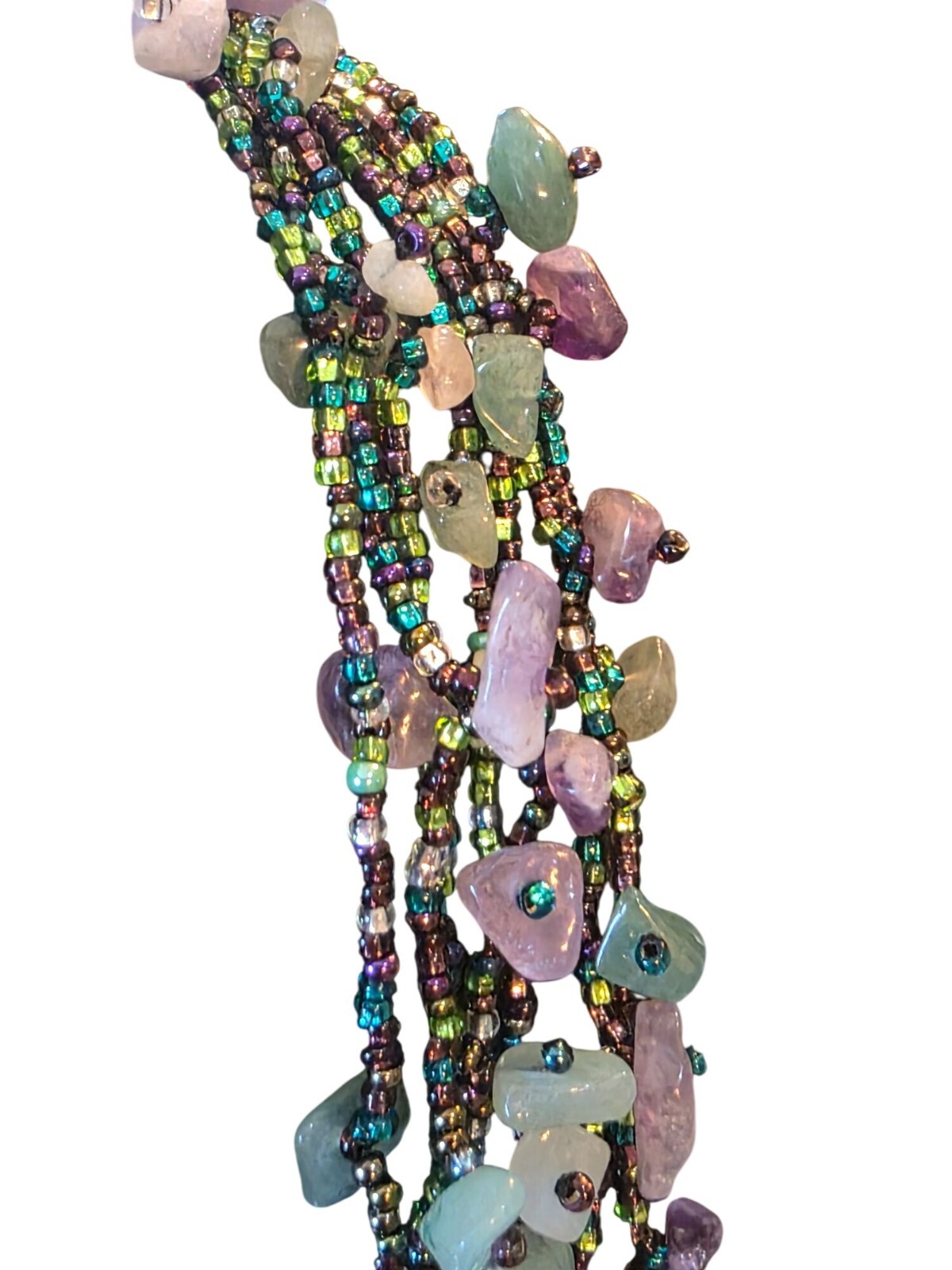 Fluorite & Amethyst Gemstone Multistrand Beaded Necklace w/ Magnetic Clasp