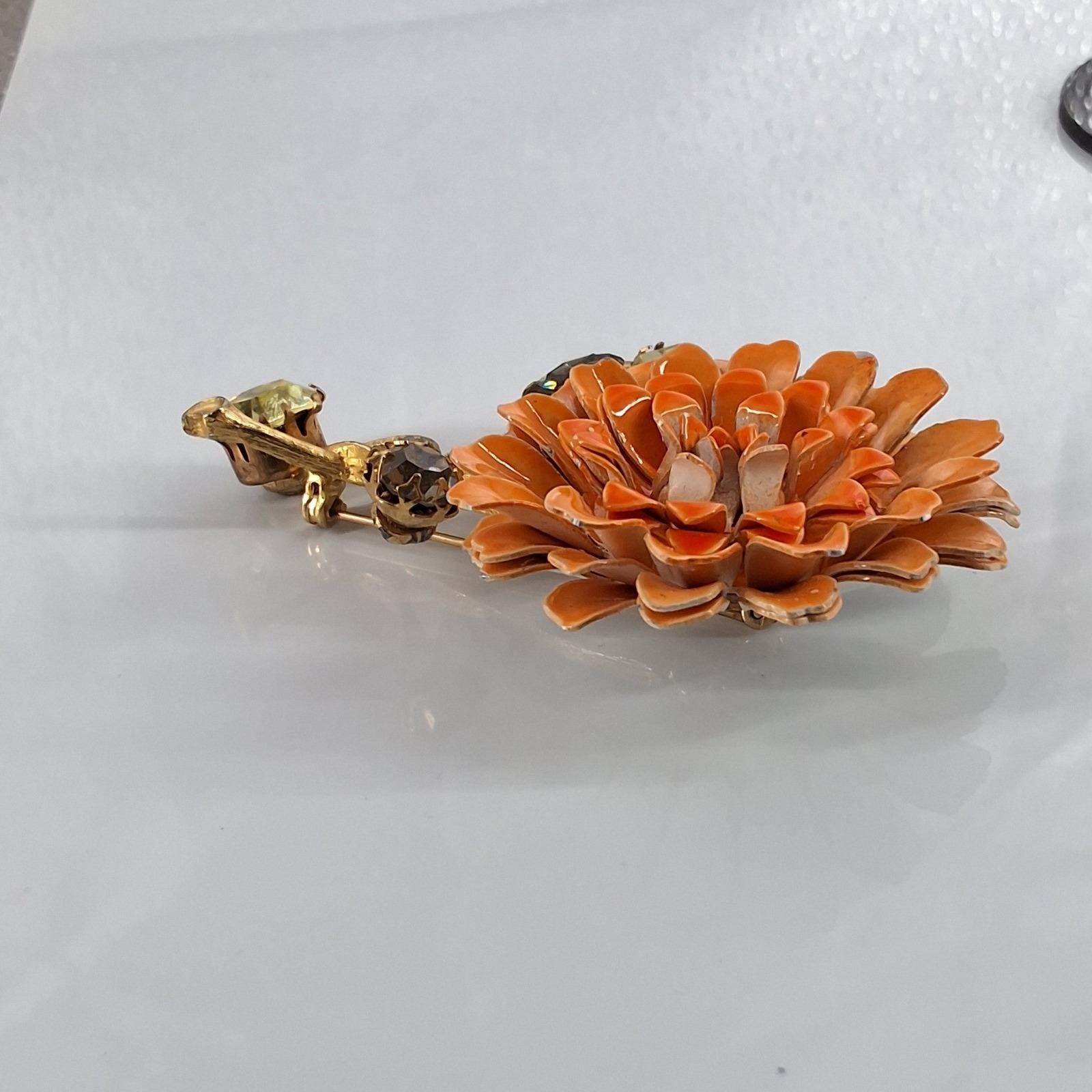 Vintage 1960s Orange Enamel Flower Brooch Large Mod Poppy Rhinestone Gold Tone - View 5