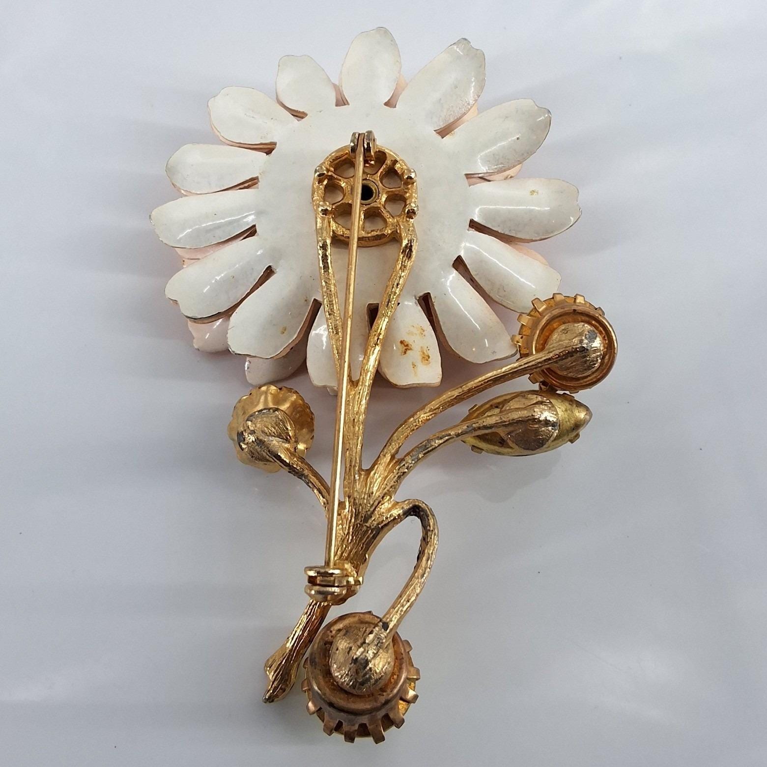 Vintage 1960s Orange Enamel Flower Brooch Large Mod Poppy Rhinestone Gold Tone - View 6