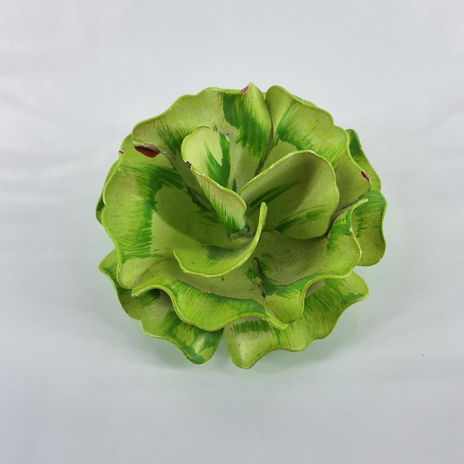 Vintage 1960s Green Enamel Flower Brooch Mod Retro Layered Metal Pin 2.5" - View 4