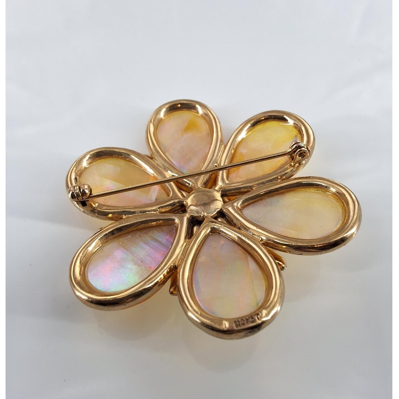 Vintage Monet Yellow Flower Brooch Gold Tone Iridescent Resin Petal Pin 2.25" - View 4