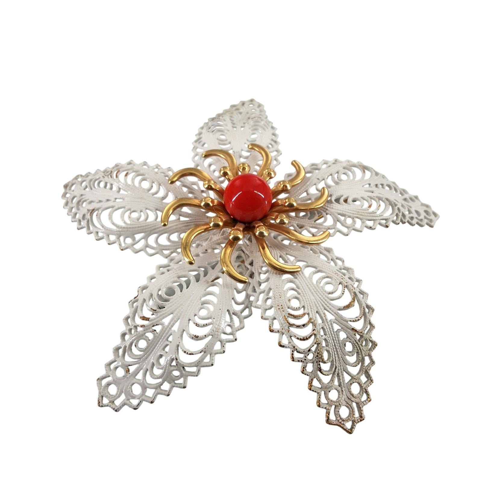 Vintage 60s White Enamel Flower Brooch 3" Large Gold Filigree Red Cabochon Mod