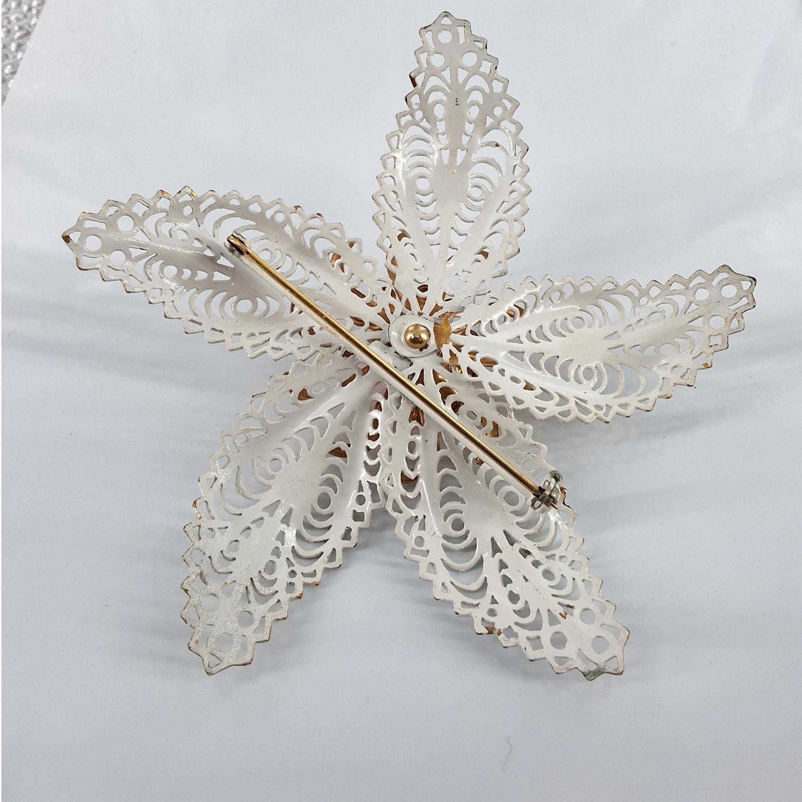 Vintage 60s White Enamel Flower Brooch 3" Large Gold Filigree Red Cabochon Mod - View 3