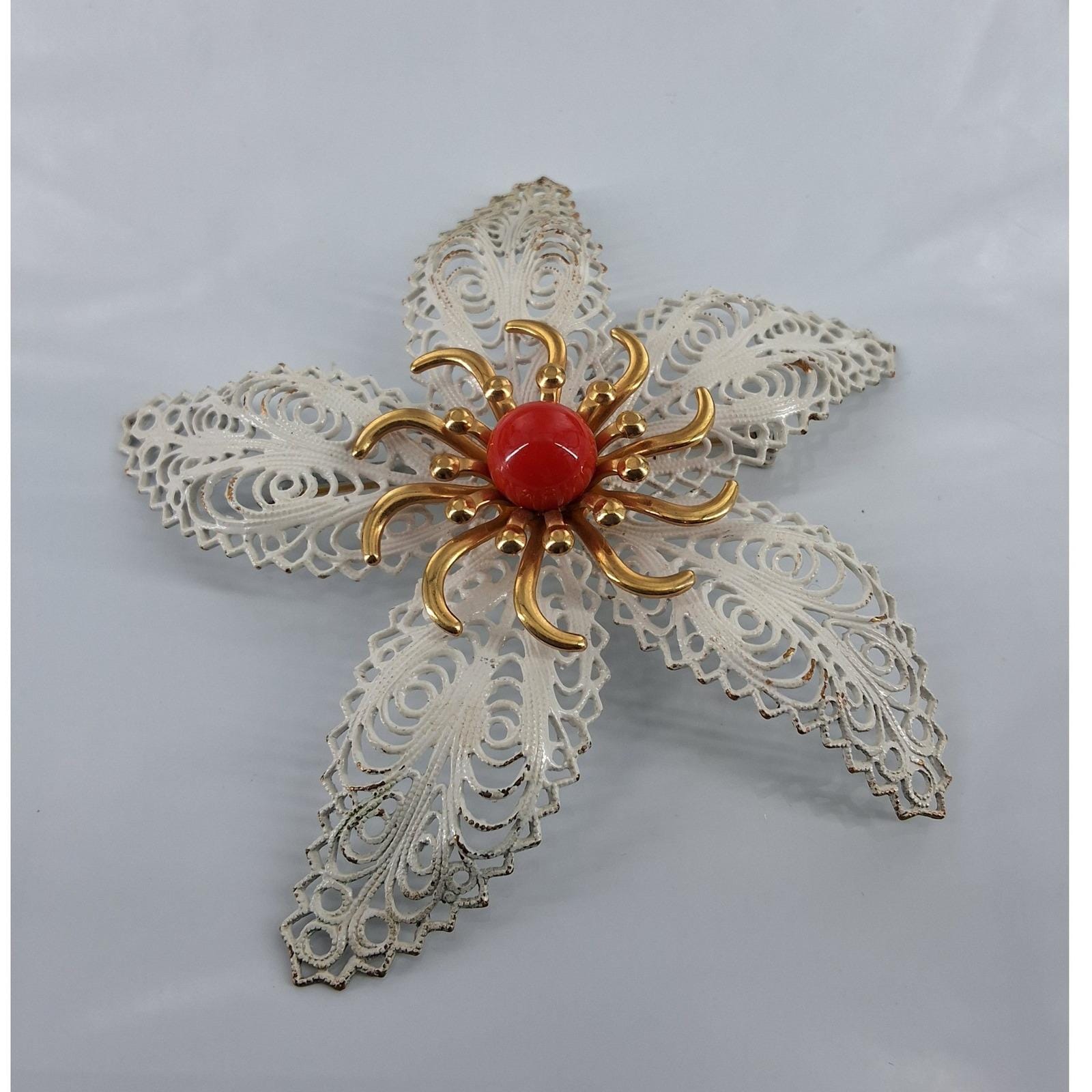 Vintage 60s White Enamel Flower Brooch 3" Large Gold Filigree Red Cabochon Mod - View 4