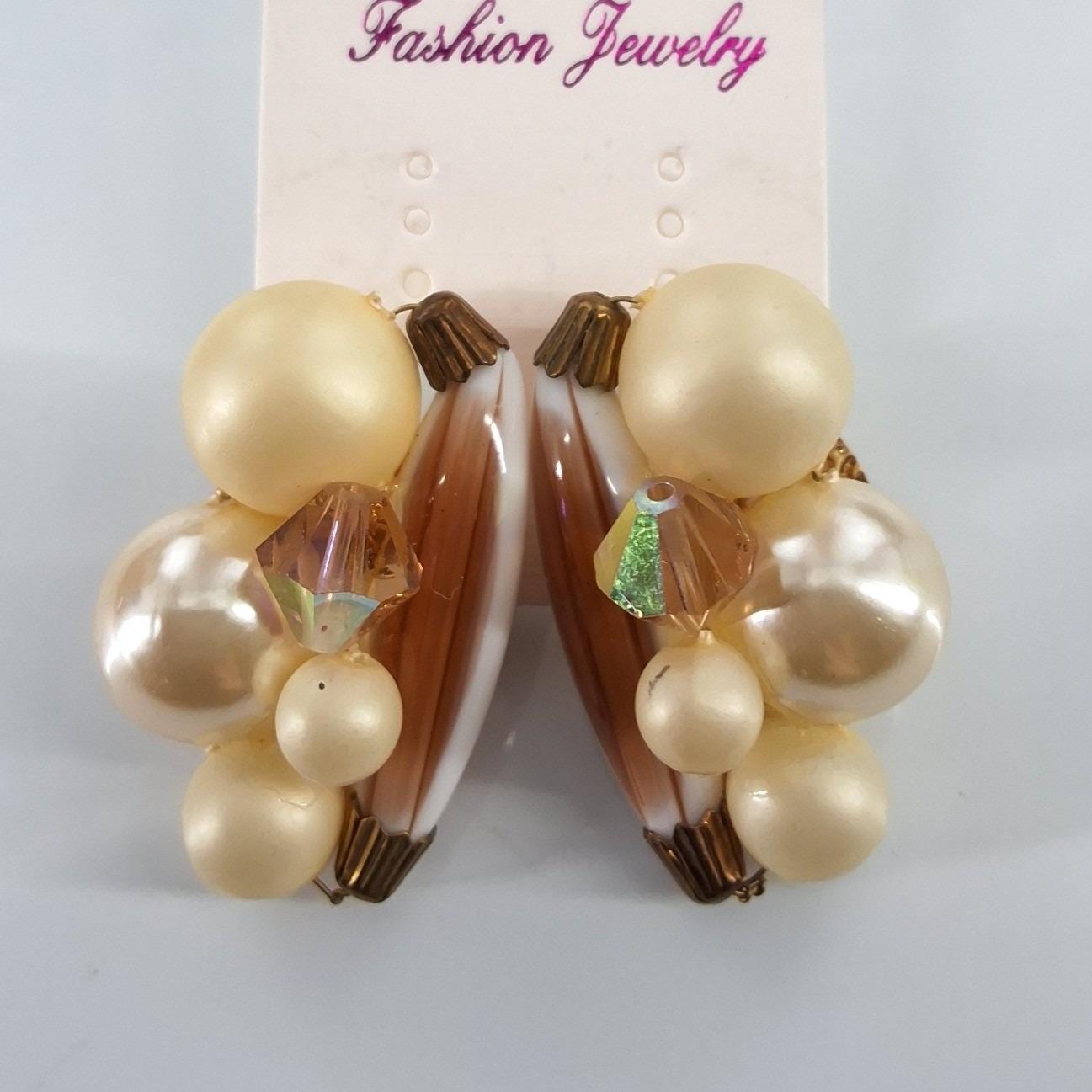 Vintage Taiwan Faux Pearl AB Crystal Marquise Marbled Cluster Clip On Earrings
