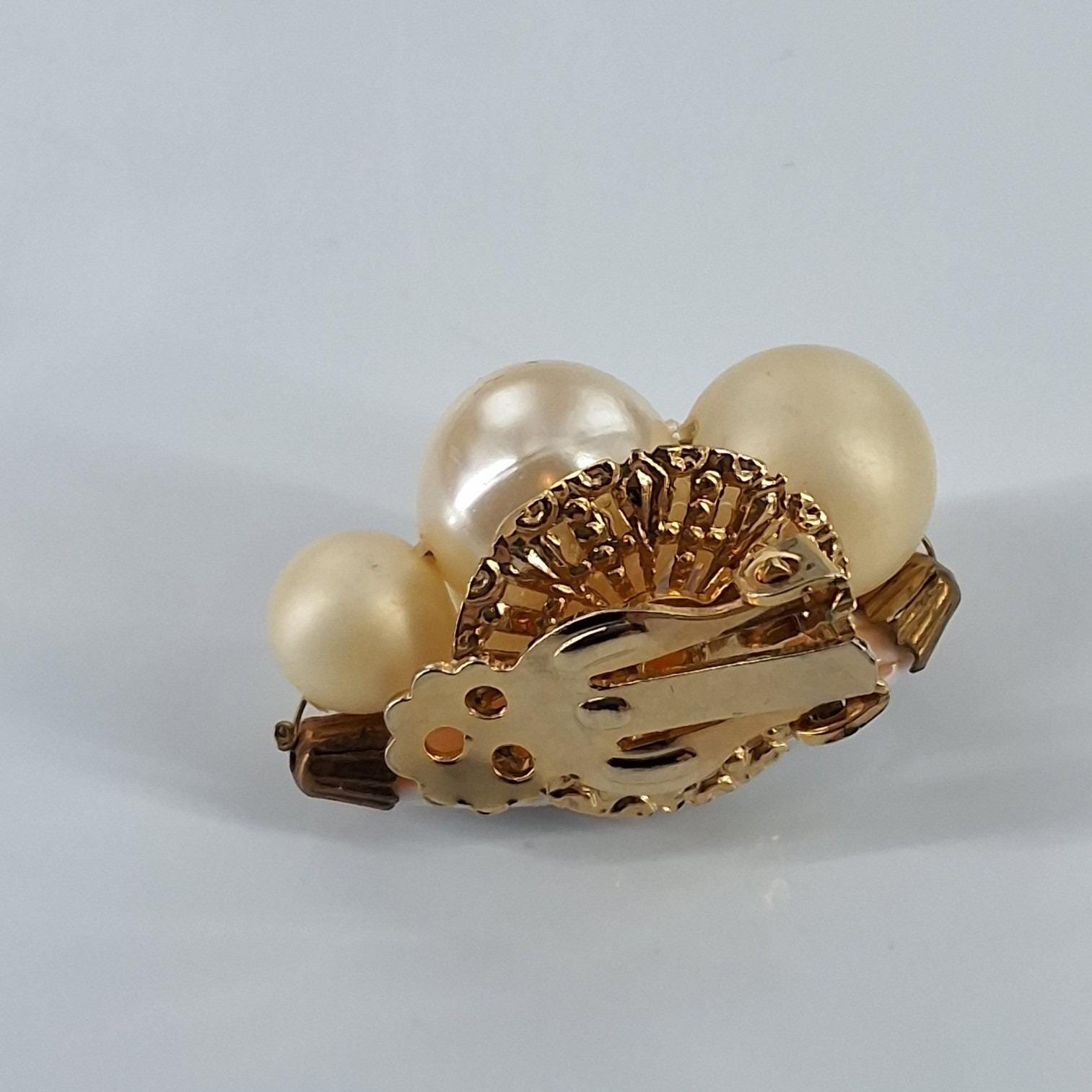 Vintage Taiwan Faux Pearl AB Crystal Marquise Marbled Cluster Clip On Earrings