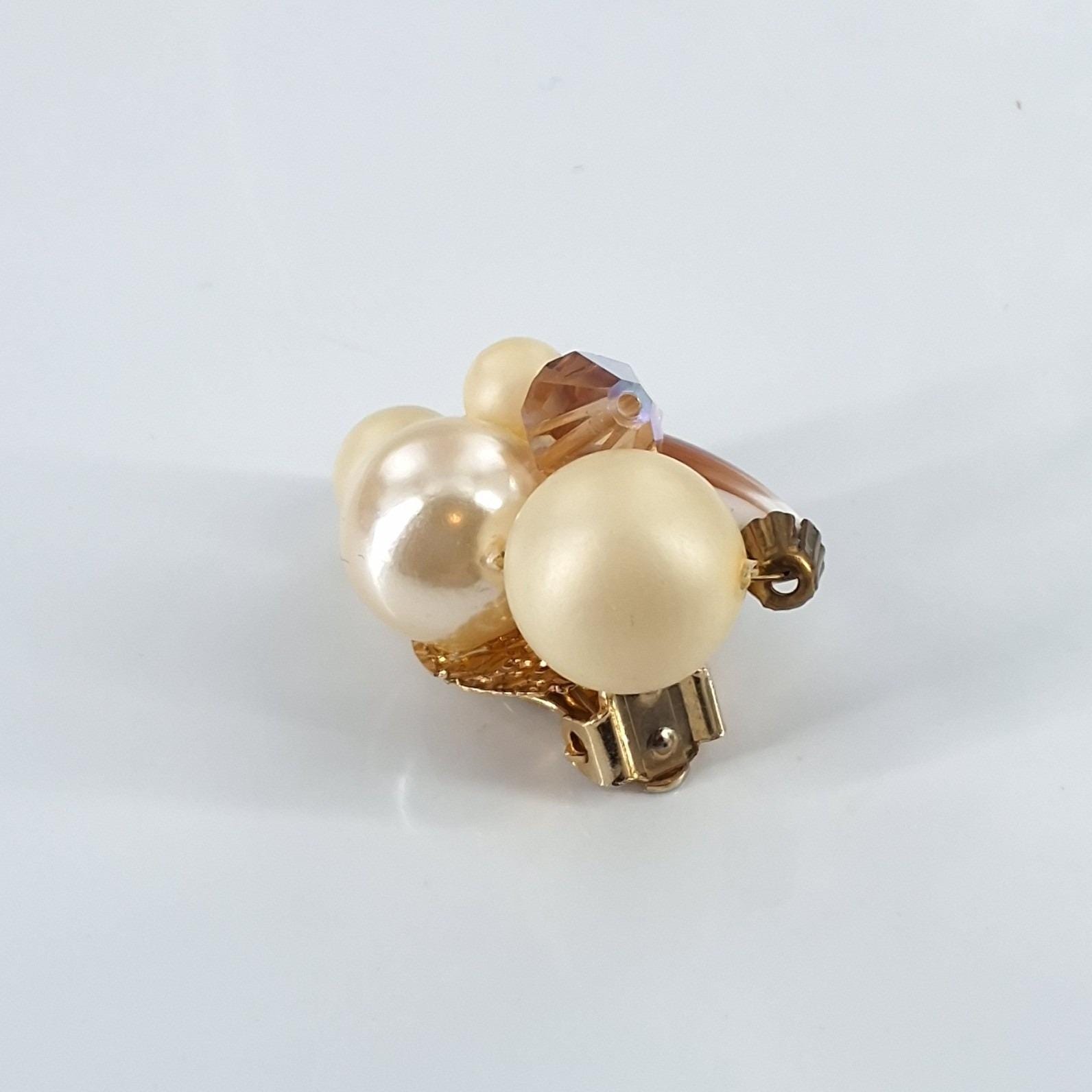 Vintage Taiwan Faux Pearl AB Crystal Marquise Marbled Cluster Clip On Earrings - View 4