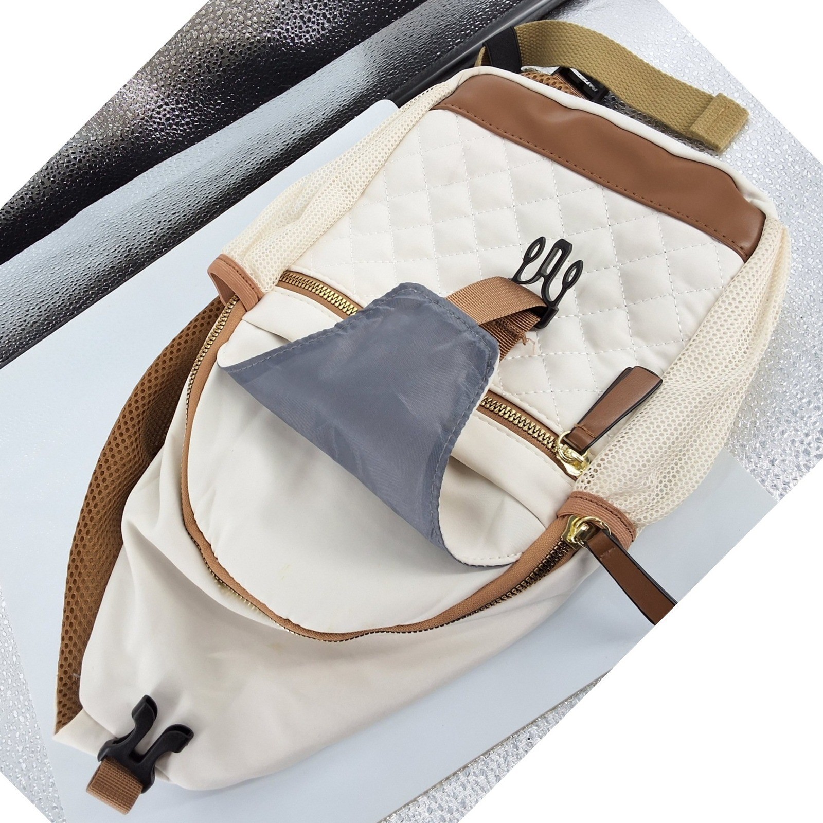Cream Quilted Nylon Sling Bag Unisex Crossbody Backpack Headphone Port