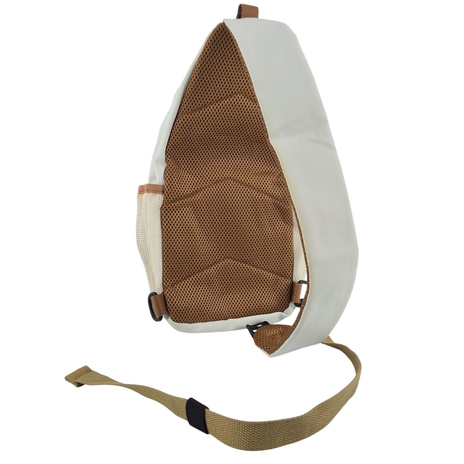 Cream Quilted Nylon Sling Bag Unisex Crossbody Backpack Headphone Port - View 3