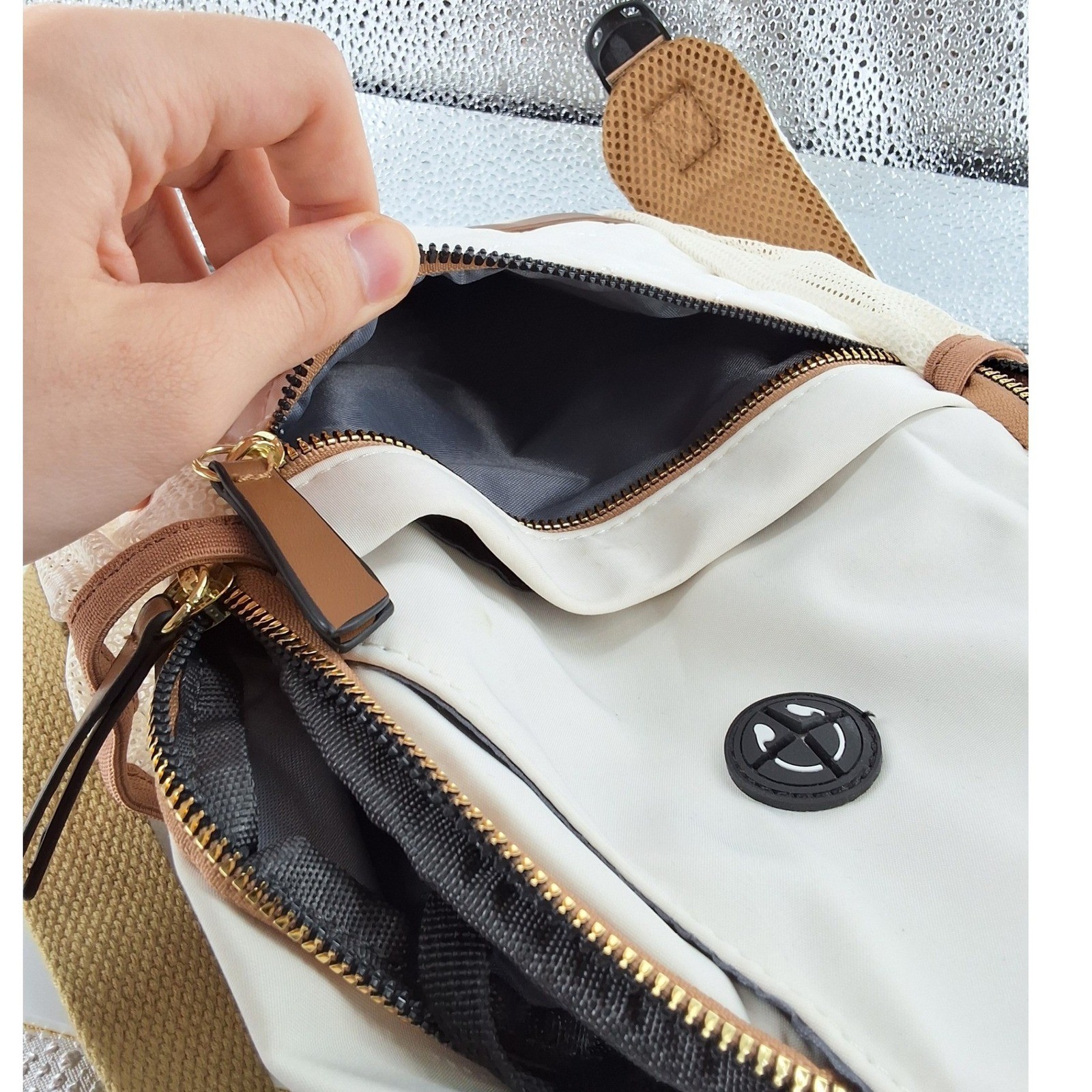 Cream Quilted Nylon Sling Bag Unisex Crossbody Backpack Headphone Port - View 5