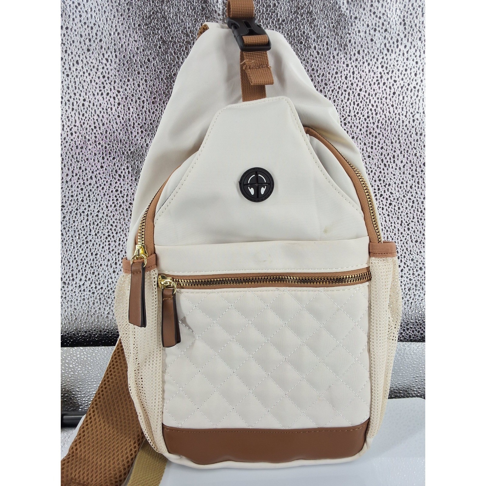 Cream Quilted Nylon Sling Bag Unisex Crossbody Backpack Headphone Port - View 9
